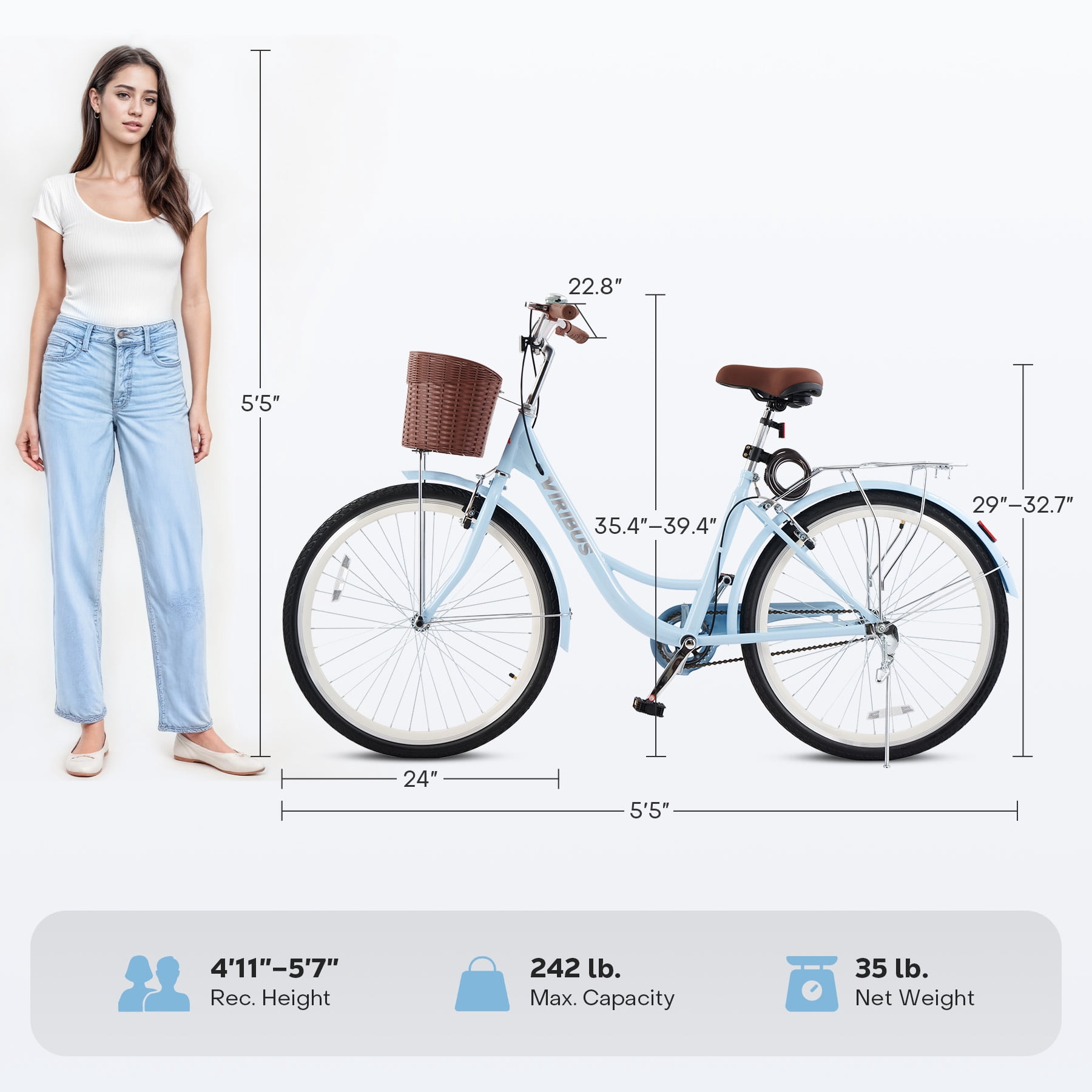 Viribus 24-inch Women's City Cruiser Bicycle with Carbon Steel Frame and Basket (Blue, 24 in) snlr2