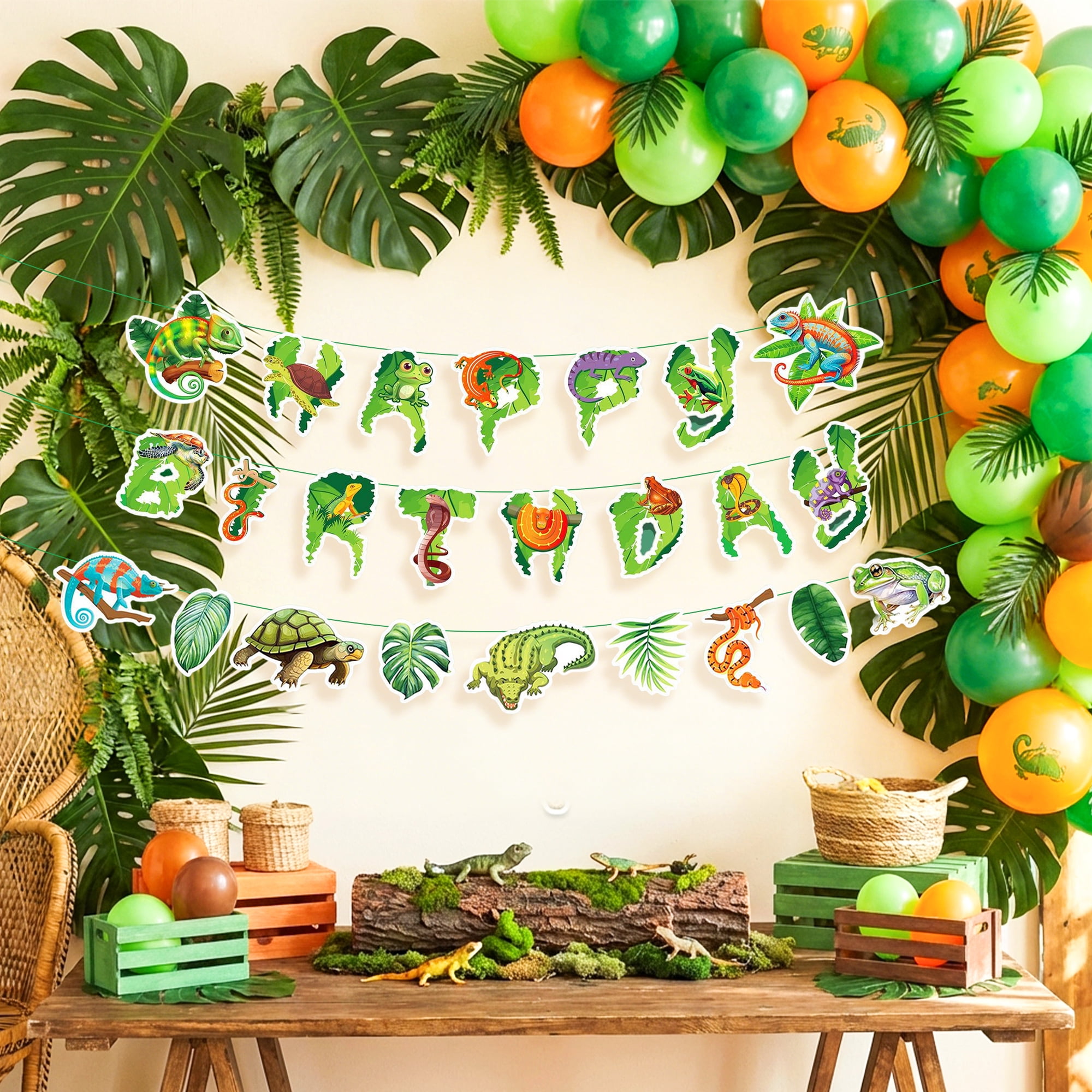 Bach And Boozy Reptile Birthday Banner Jungle Animal Theme Party Decorations (Green, 7.2 ft) hc150