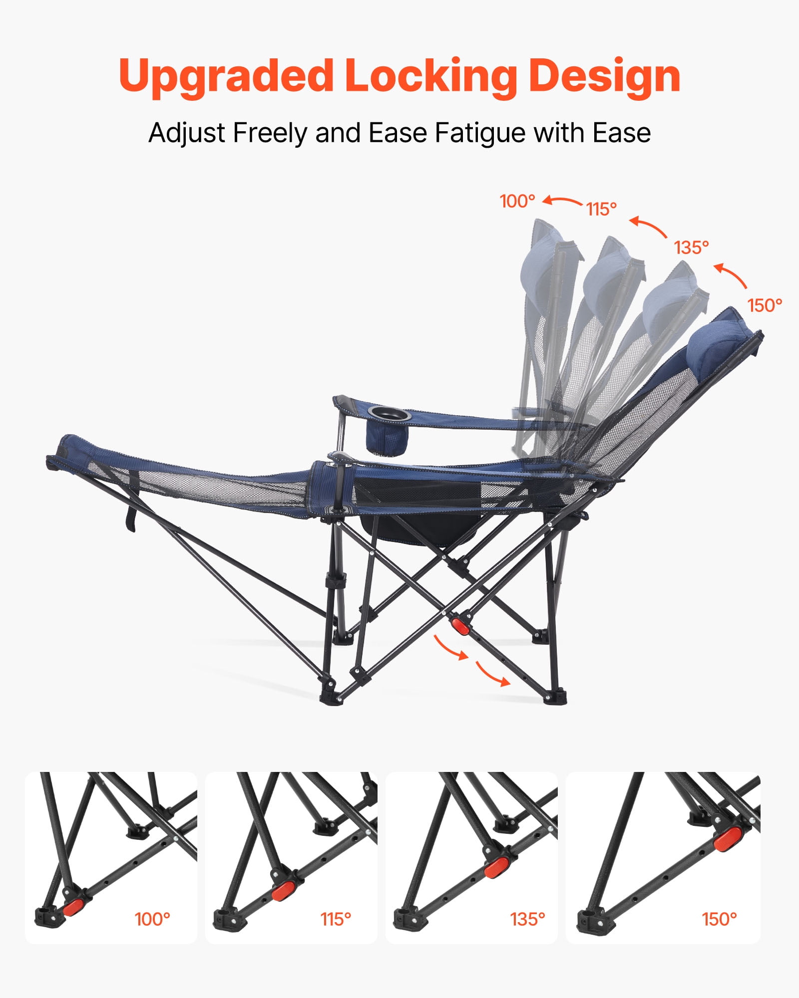VEVOR Reclining Camping Chair, Portable Folding Lounger with Headrest and Foot Rest (Blue, 220 lb Capacity) q3ppj