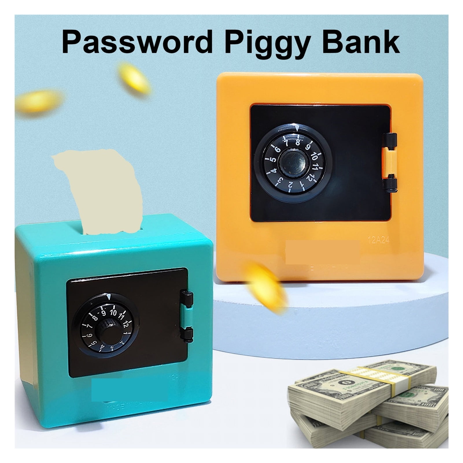 Momo Mini ATM Piggy Bank with Rotating Password Lock (Blue, 5.3 in x 5.3 in x 7.5 in) k5zqq