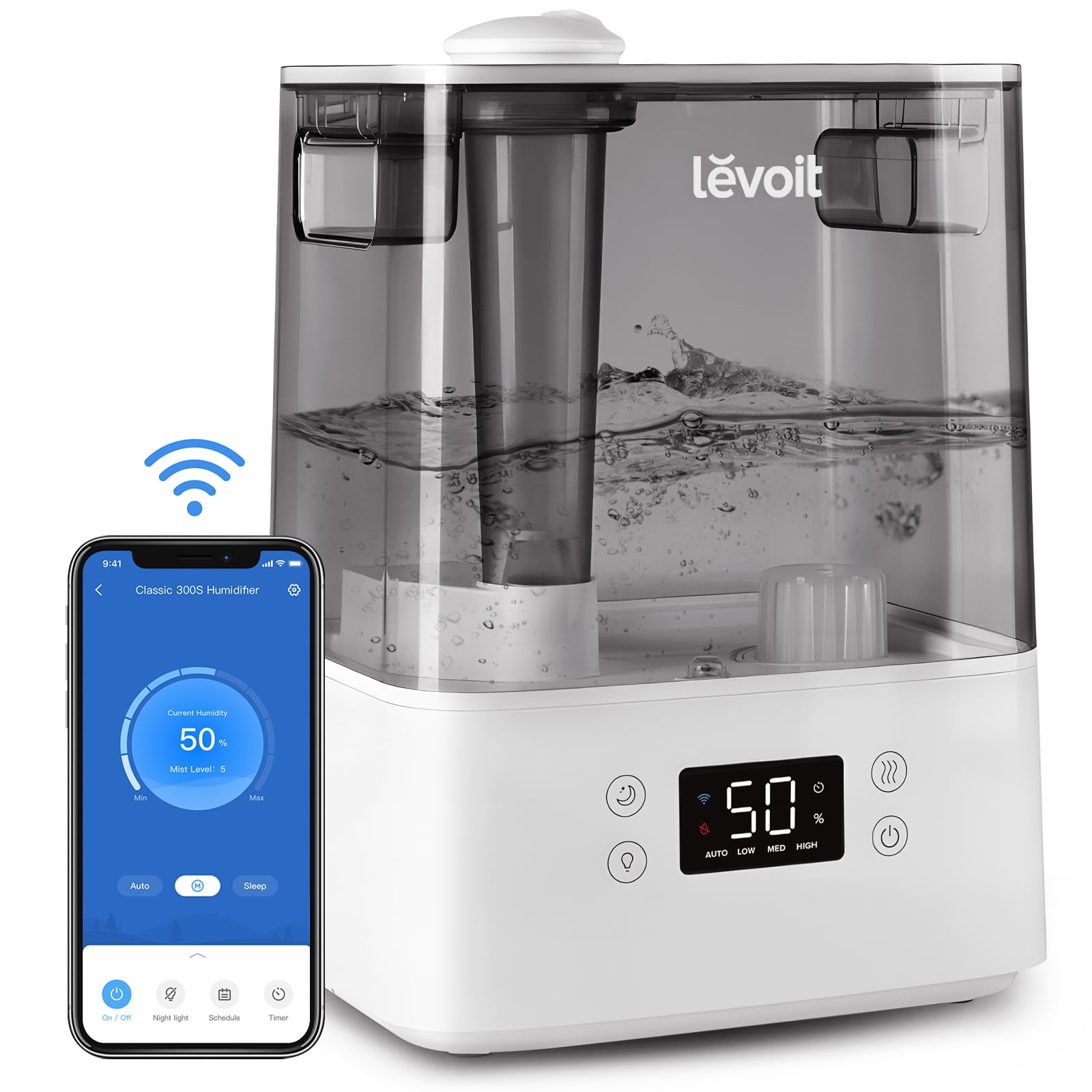 Levoit Smart Ultrasonic Cool Mist Humidifier for Large Rooms, Top Fill with Nightlight (Gray, 1.59 gal) lwhco
