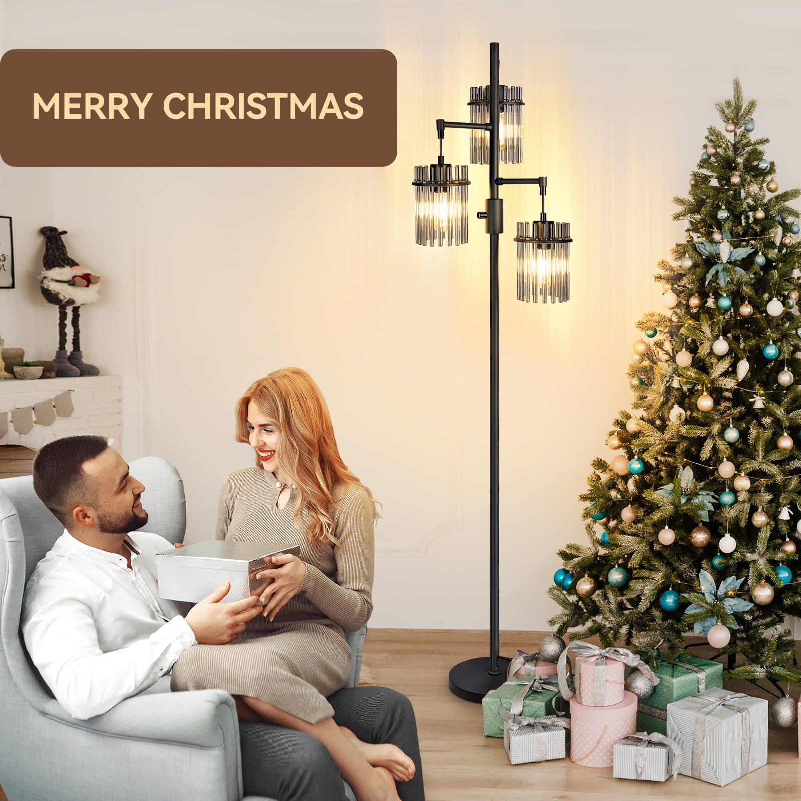 Muaket Industrial Modern Floor Lamp, Dimmable Tree Standing Light with 3 Teardrop Glass Cage Shades (Black, 65 in) yh6qg