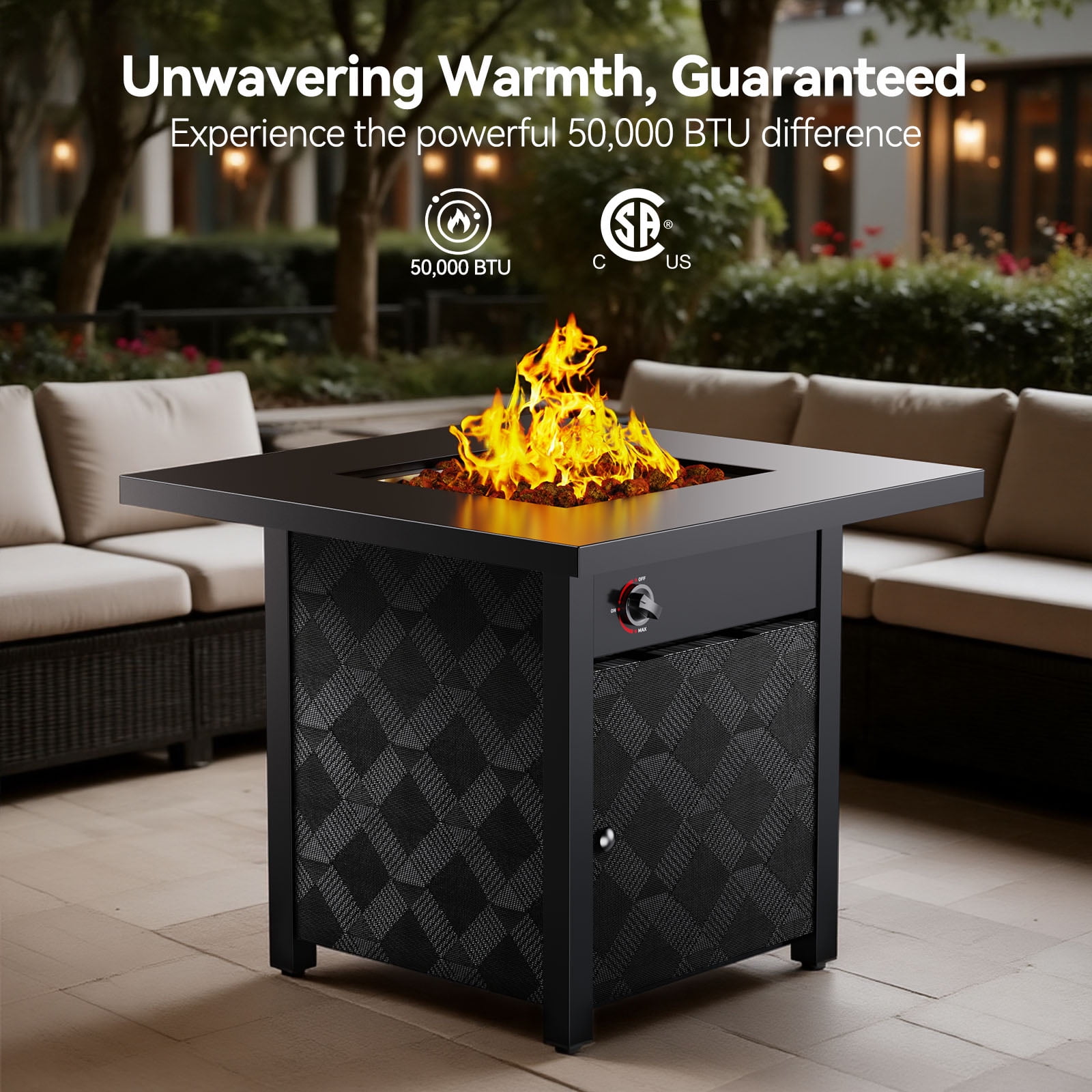 Philergo 28 in Propane Fire Pit Table, 50,000 BTU Square Gas Fire Pit with Removable Lid and Lava Rocks (Black, 28 in) f1rjx