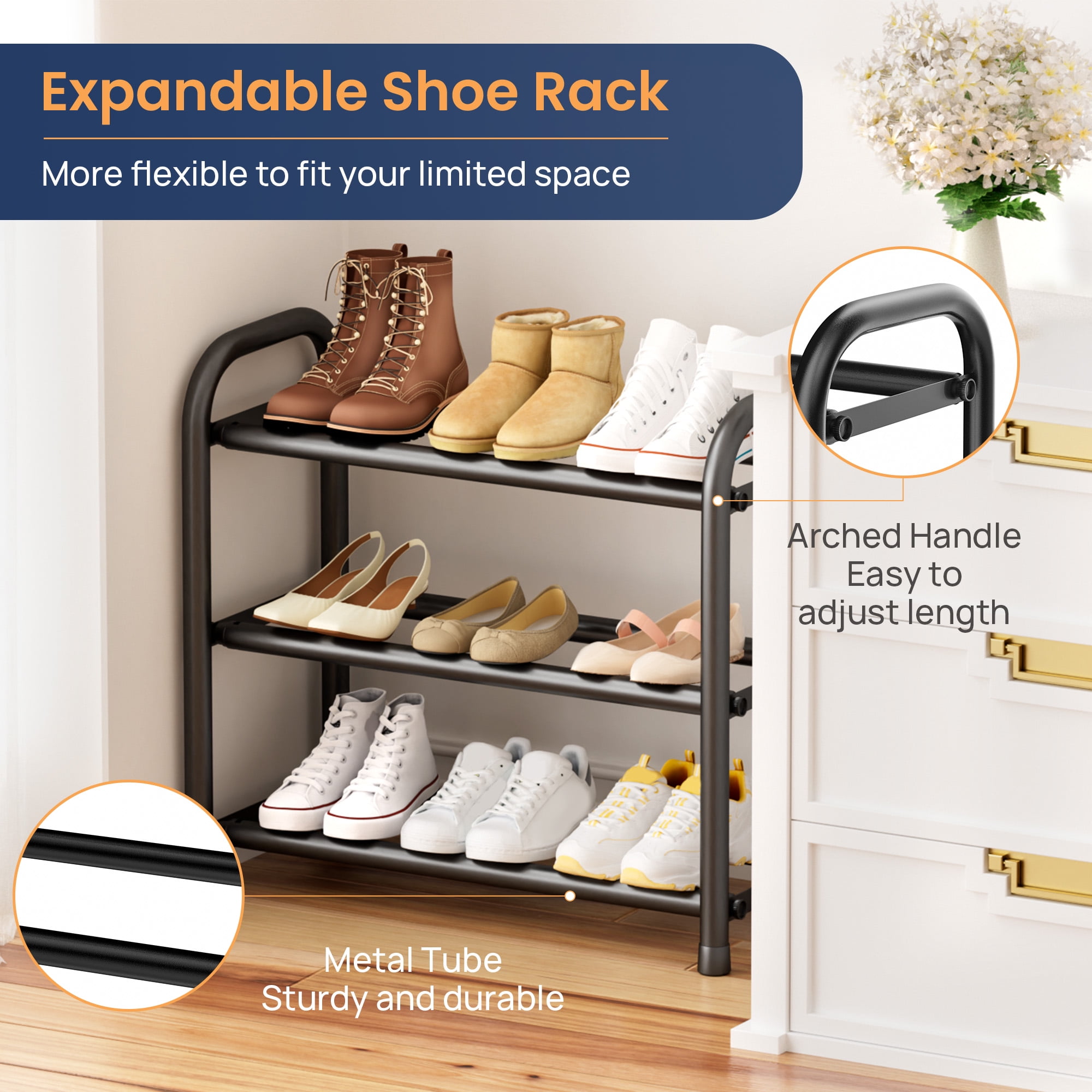 Sindcom 3 Tier Expandable Shoe Rack, Metal Shoe Shelf Organizer for Closet and Entryway (Black, 17.8 in to 32.7 in) 1xcy5