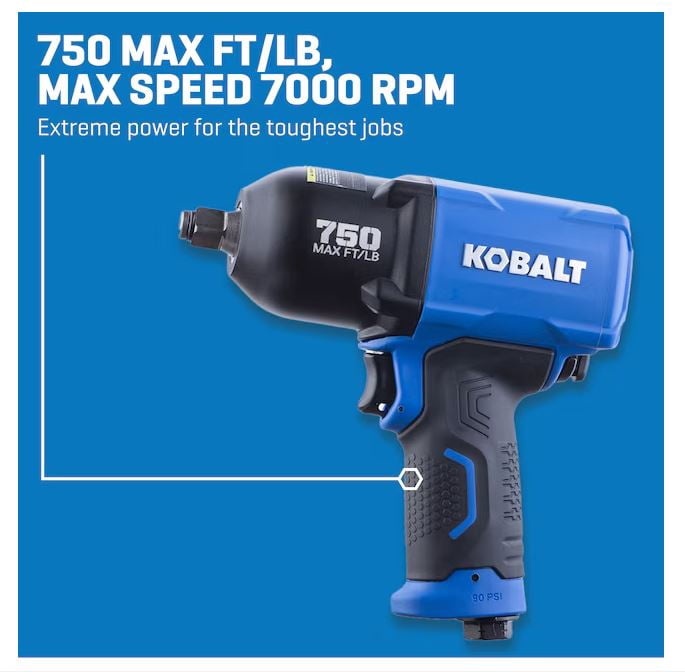 Kobalt 0.5-in Drive Air Impact Wrench, 750 ft-lb Torque, Heavy-Duty Pneumatic Tool (0.5 in) eeg6e