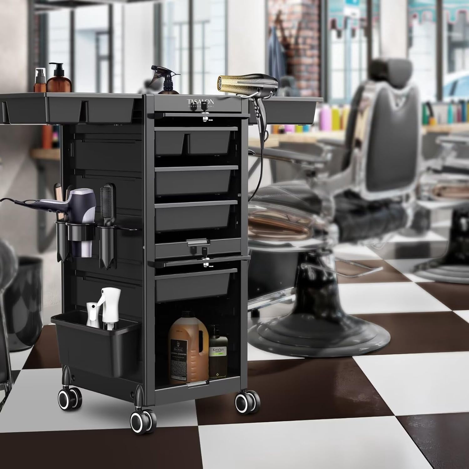 Tasalon Salon Trolley Cart with 6 Drawers and Heat-Resistant Tool Holders (Black) q5n23
