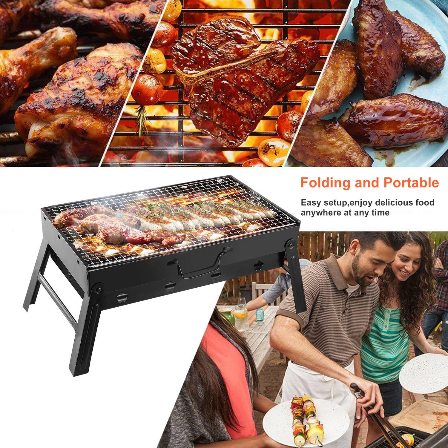 Xilee Portable Charcoal Grill, Folding Stainless Steel Tabletop BBQ for Camping and Picnics (Black, 17 in x 12.2 in x 3.4 in) nrgf8