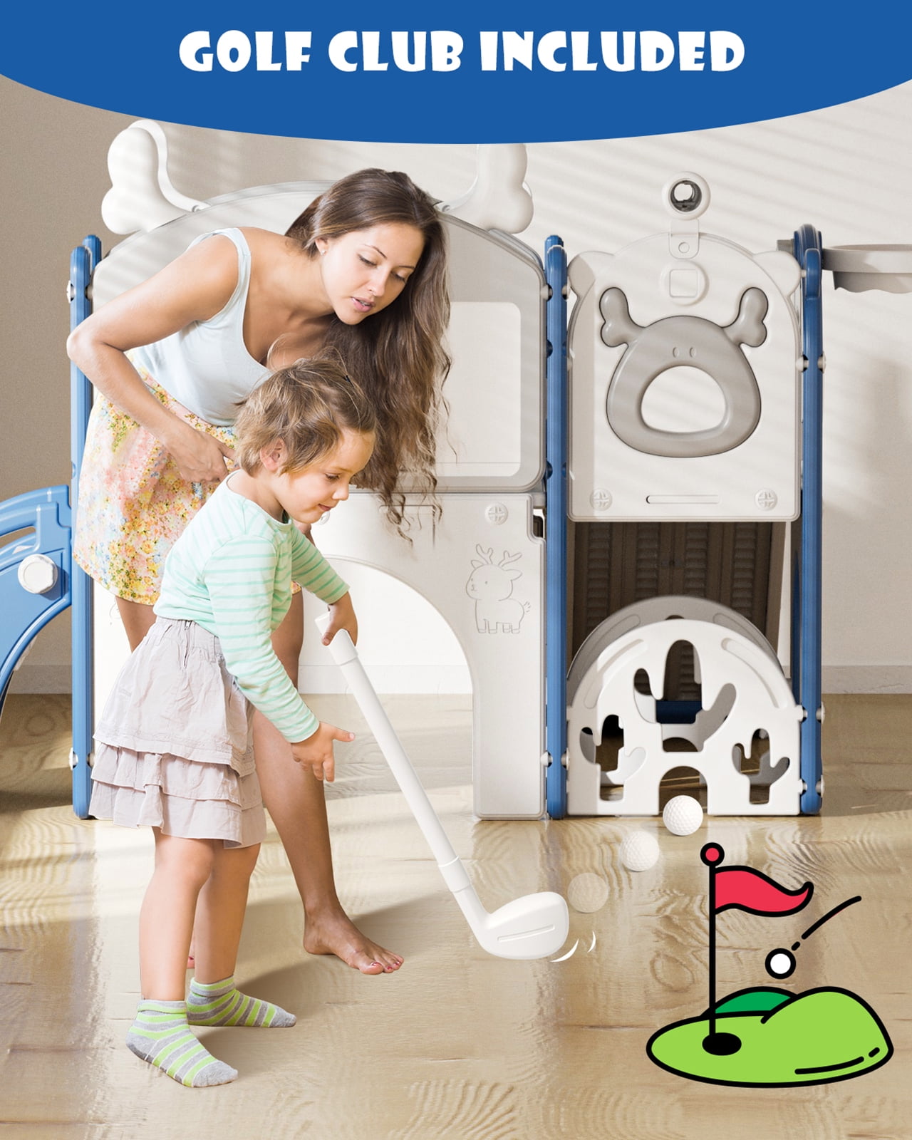 Korimefa 11-in-1 Toddler Climber and Slide Playset with Basketball Hoop and Golf Set (Blue, 62.6 x 62.6 x 39 in) ehwmm