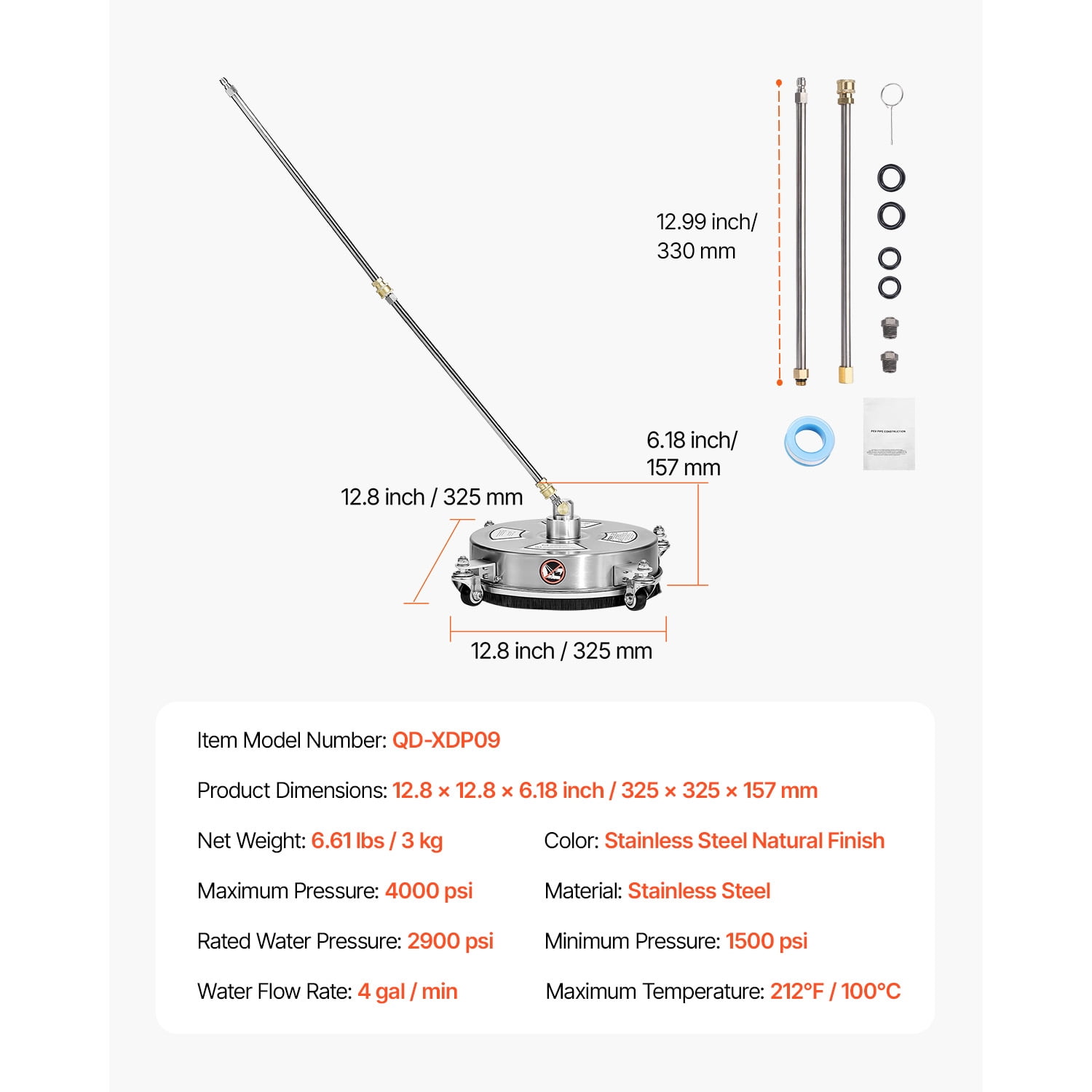 KFFKFF 14 in Pressure Washer Surface Cleaner Attachment with Extension Wands and Quad Wheels (4000 PSI, Stainless Steel) t5n0k