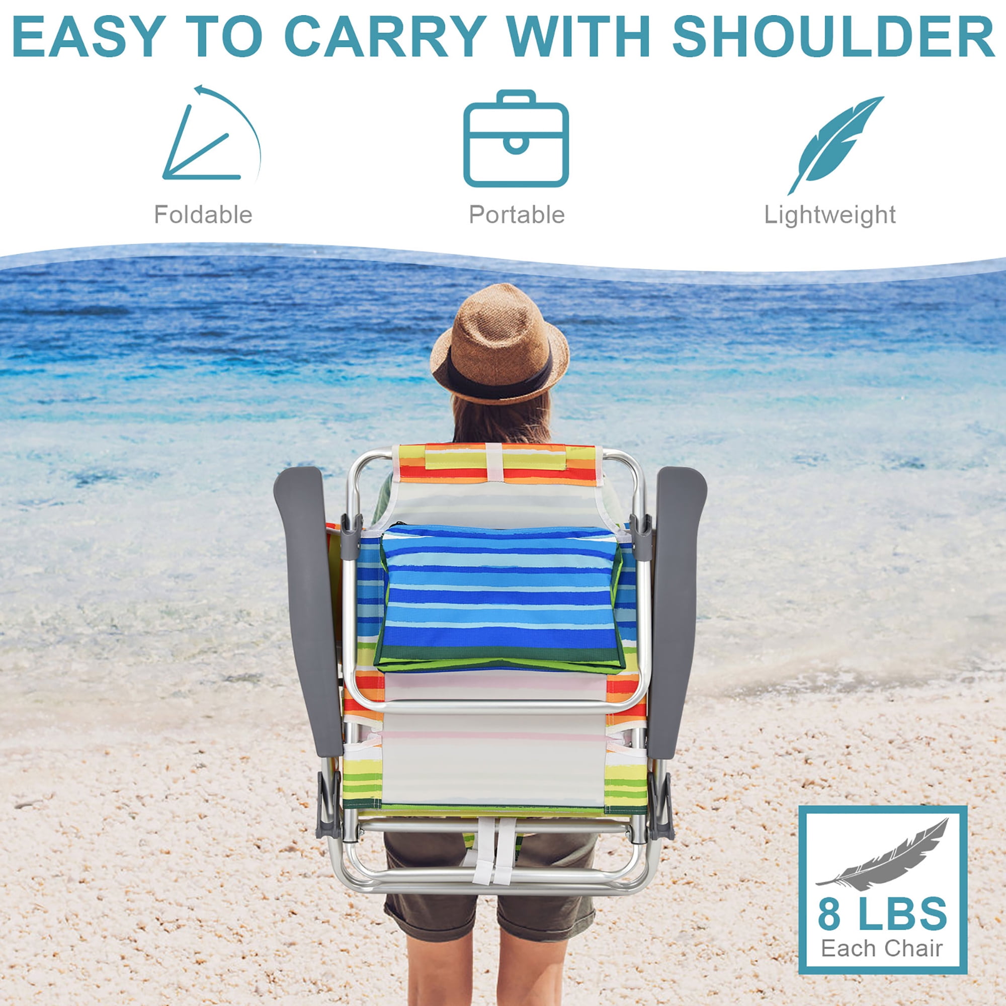 Costway 2-Pack Folding Backpack Beach Chair (5-Position Reclining Outdoor Chair with Pillow, Yellow) peyhw
