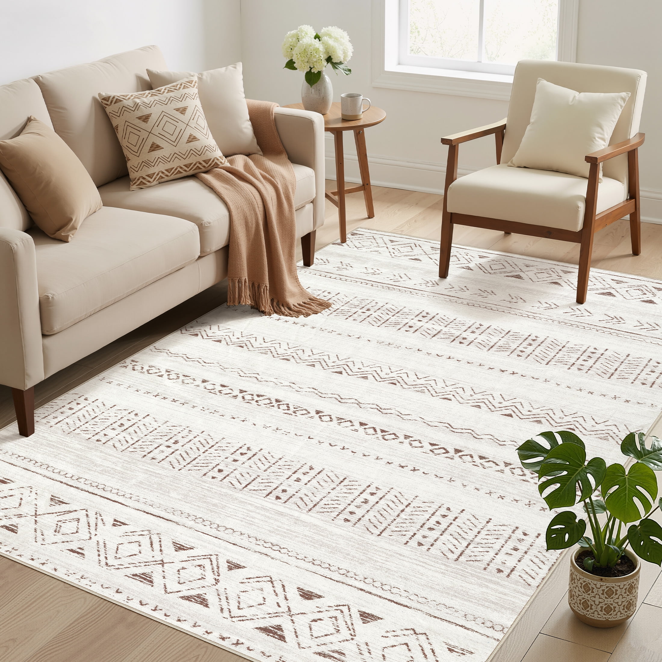 UERMEI Boho Moroccan Area Rug, Washable Geometric Distressed Indoor Carpet for Living Room and Bedroom (Brown, 5 ft x 7 ft) saexo