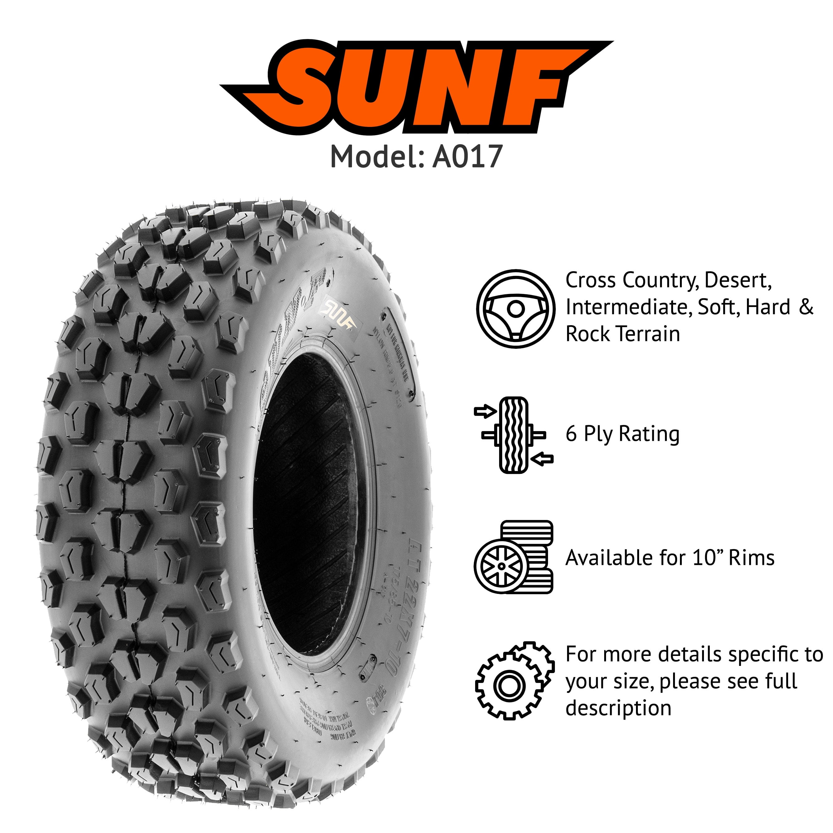 SUNF A017 All-Terrain ATV UTV Tire 6-Ply Rated Off-Road Quad Performance (22x7-10) hwaku