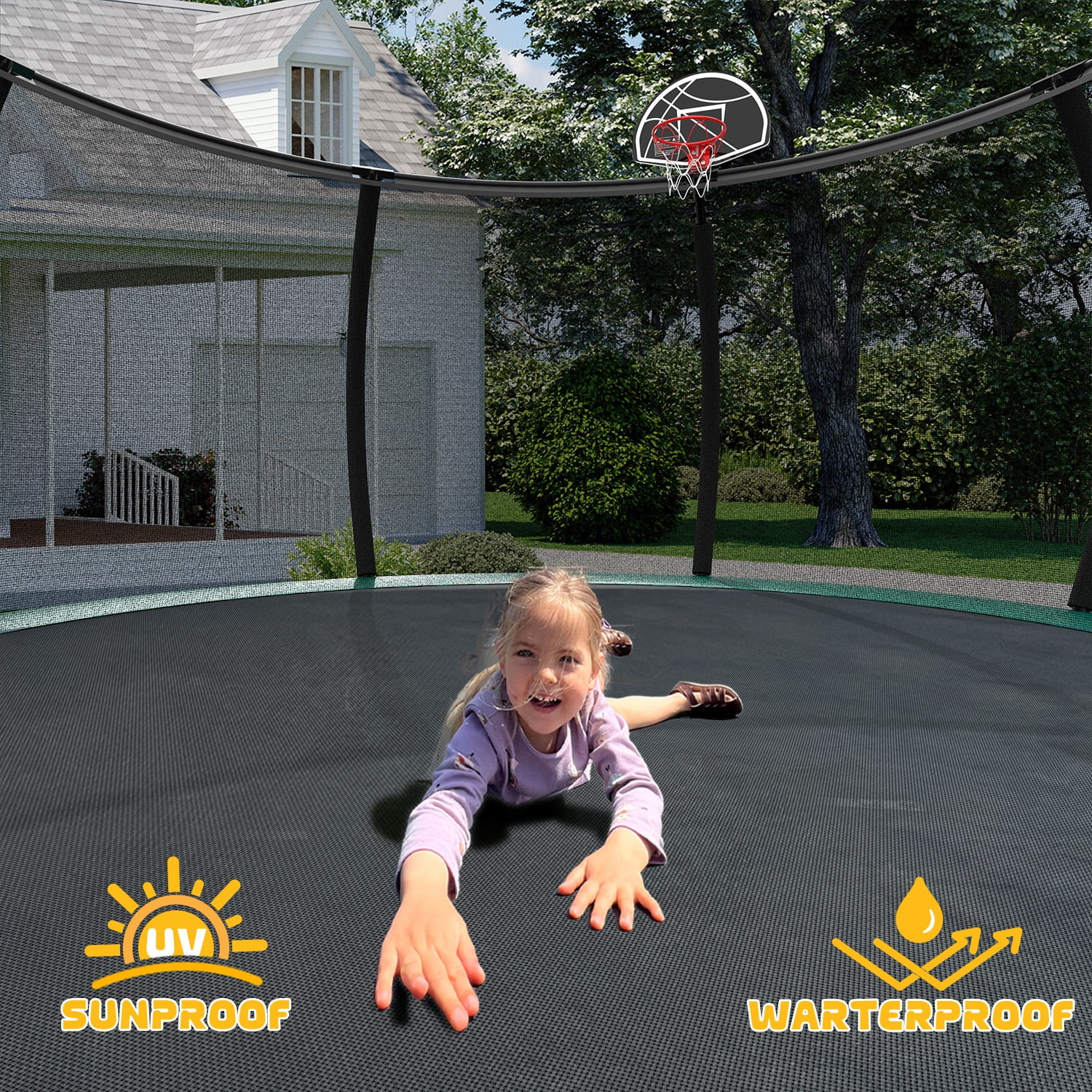 Mersco 12ft Heavy Duty Outdoor Trampoline with Enclosure Net, Slide, and Basketball Hoop (Green, 12 ft) gfnot