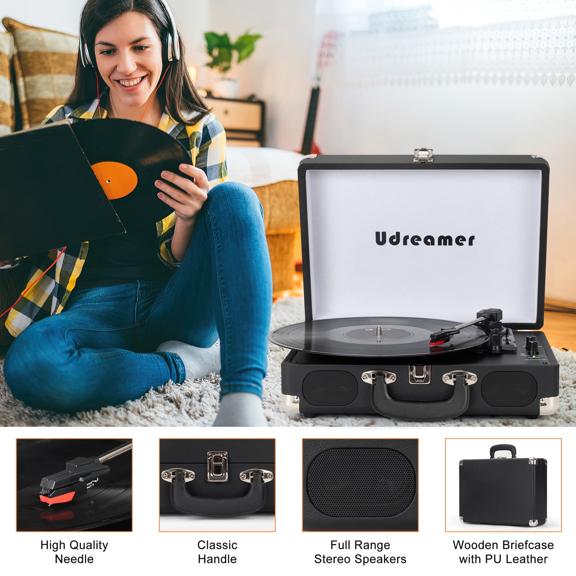 Udreamer Portable Suitcase Vinyl Record Player with Built-in Speakers (Black) 61avj