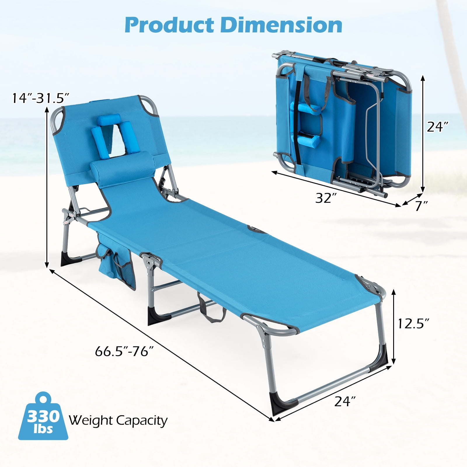 Gymax Folding Tanning Beach Chair with Face and Arm Holes, Adjustable Backrest (Blue) wdoa0