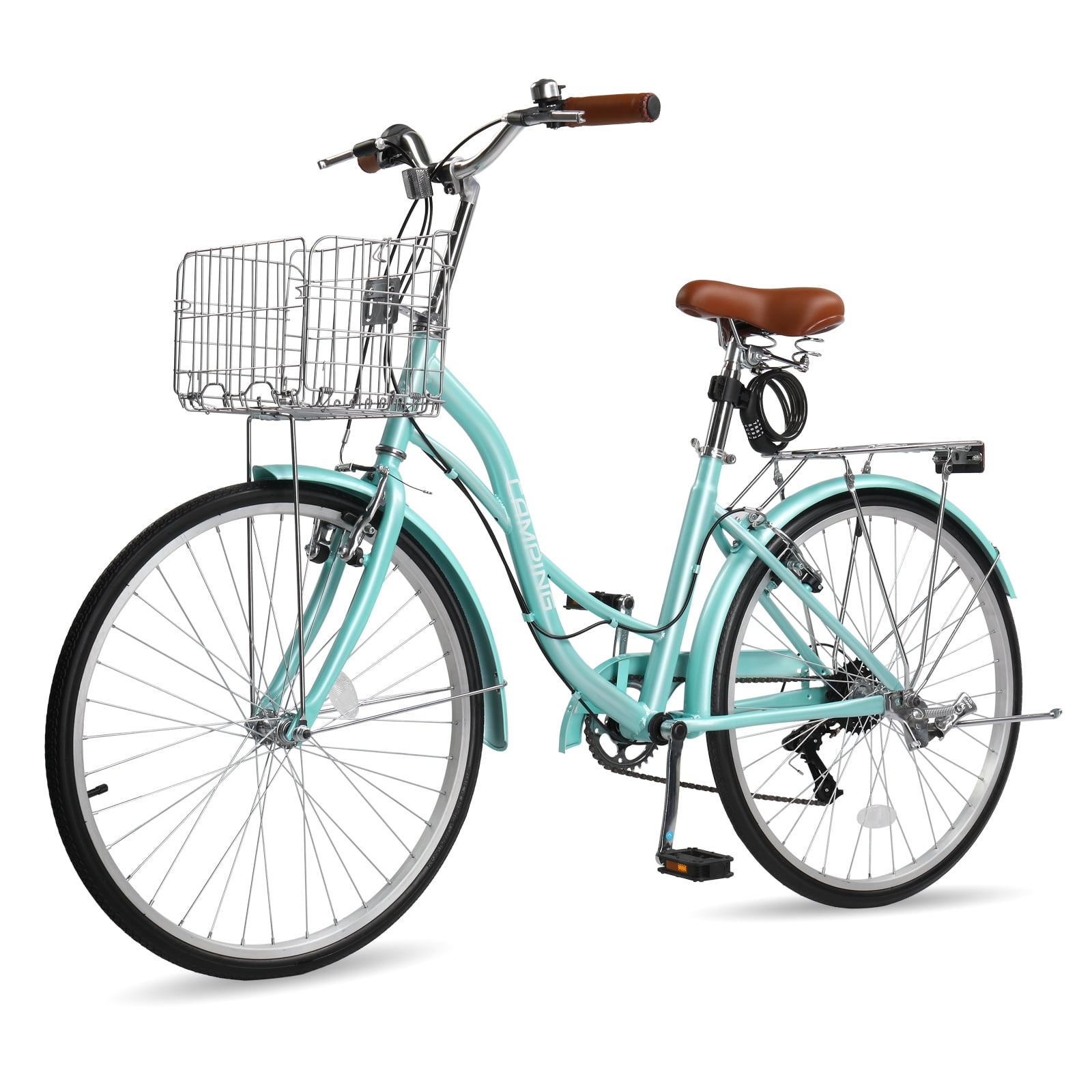 Ktaxon 24-inch Women's Cruiser Bike, 7-Speed City Bicycle with Basket and Rear Rack (Green, 24 in) exdtx