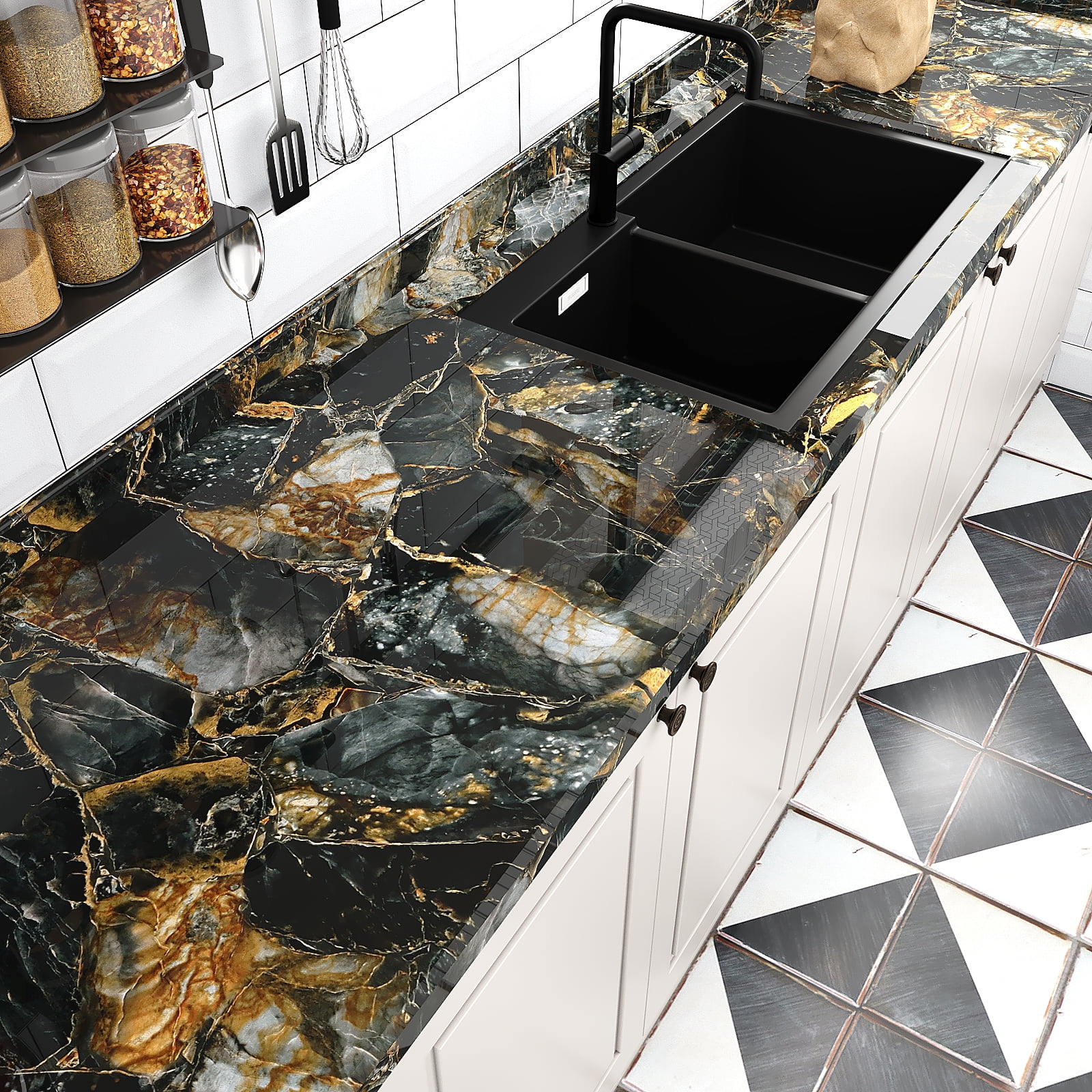VEELIKE Marble Peel and Stick Countertop Contact Paper, Waterproof Vinyl Wallpaper for Kitchen and Furniture (Gold, 15.7 in x 118.1 in) uxclc