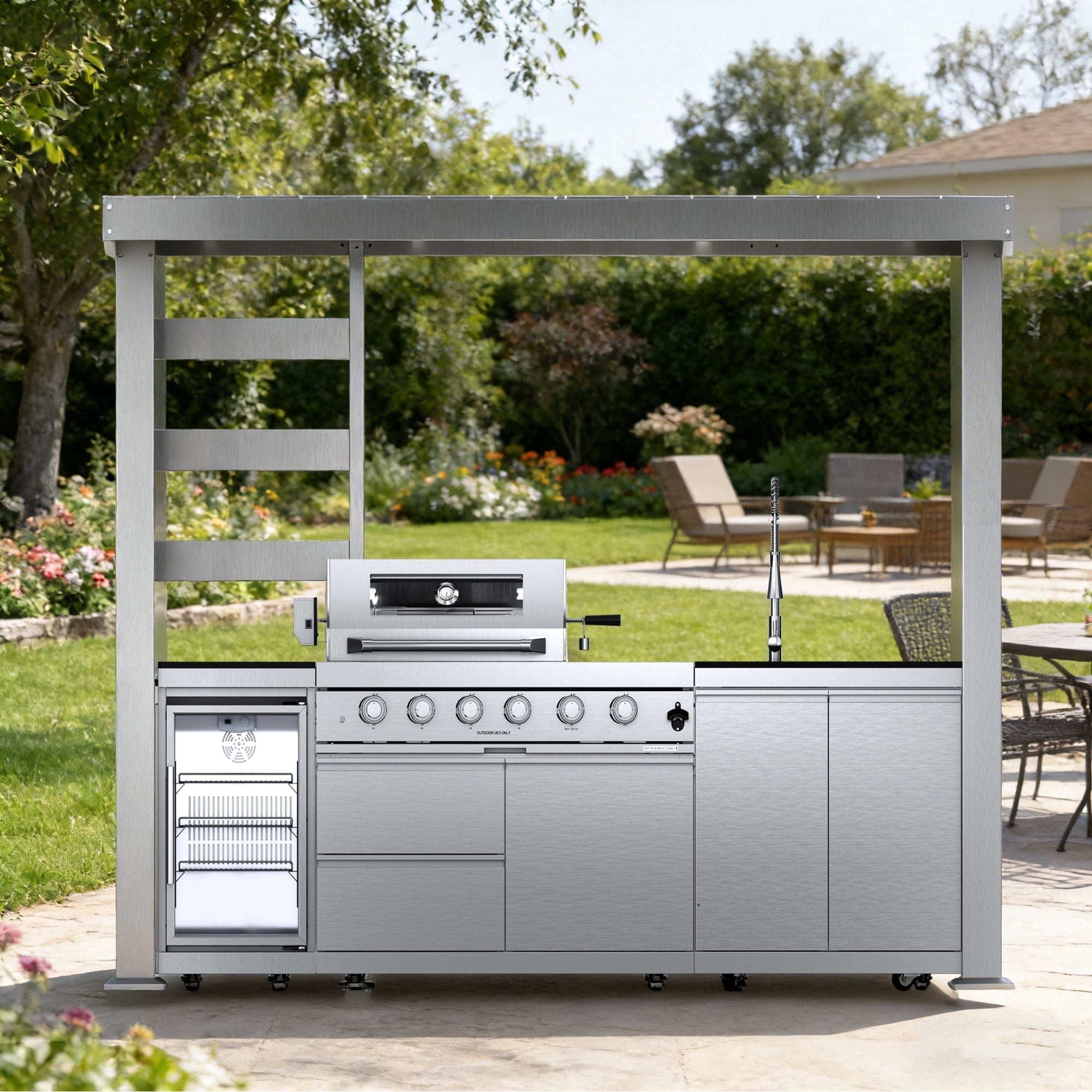 HomeMindful 110-inch Outdoor Kitchen Island with 4-Burner Gas Grill, Wine Cooler, and Granite Countertops (Black, 110 in) 1paas