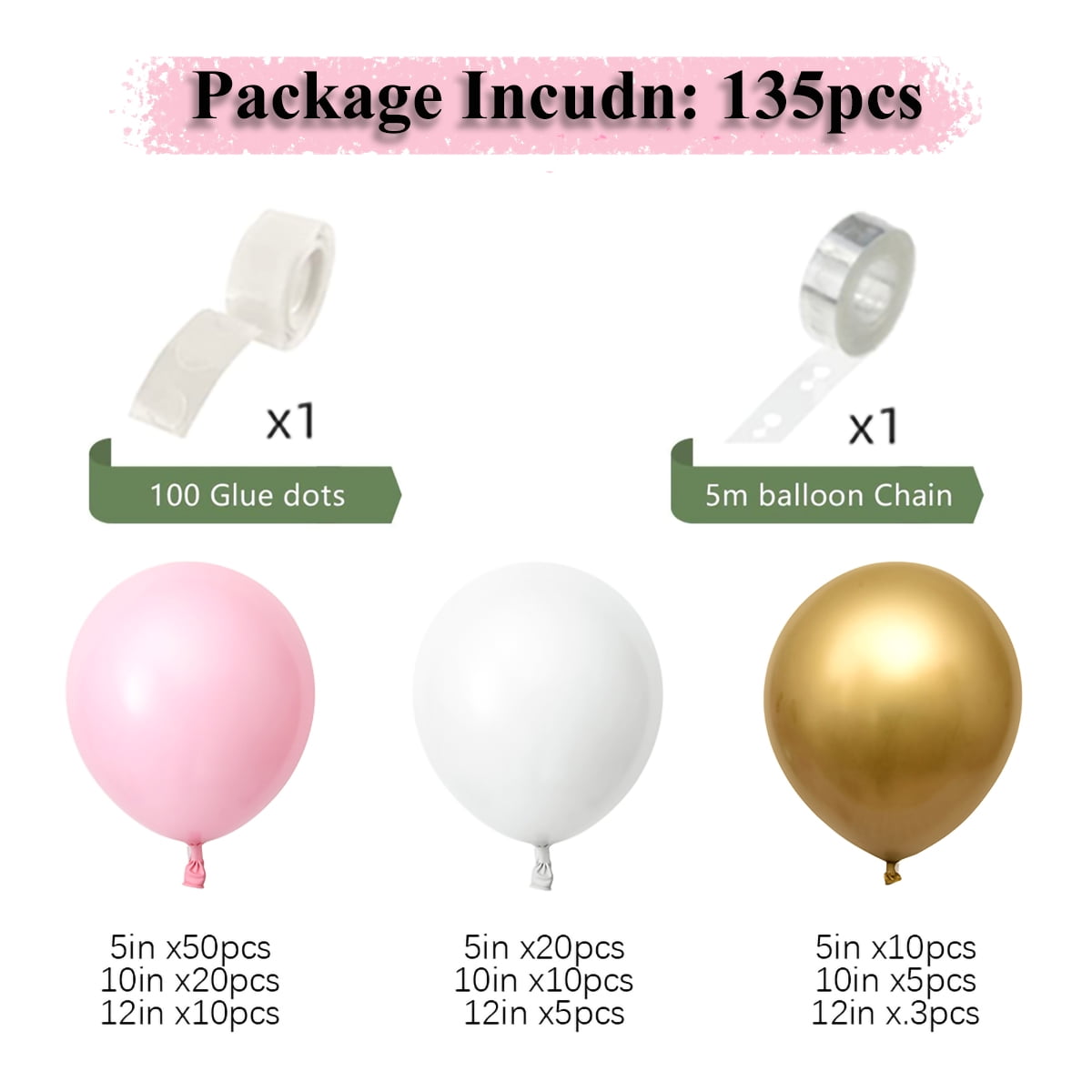 Beyondtrade 135pcs Latex Balloon Garland Arch Kit for Party Backdrop Decoration (Pink, White, Gold, 135-Piece Set) 5n1bo