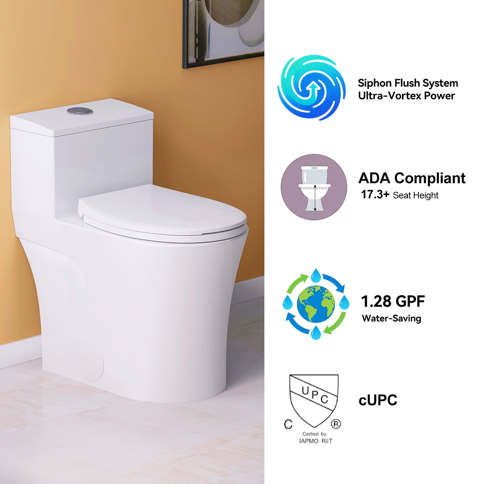 HOROW Compact One Piece Toilet, Elongated ADA Height Bowl with Soft-Close Seat (White, 17.3 in) rlz90