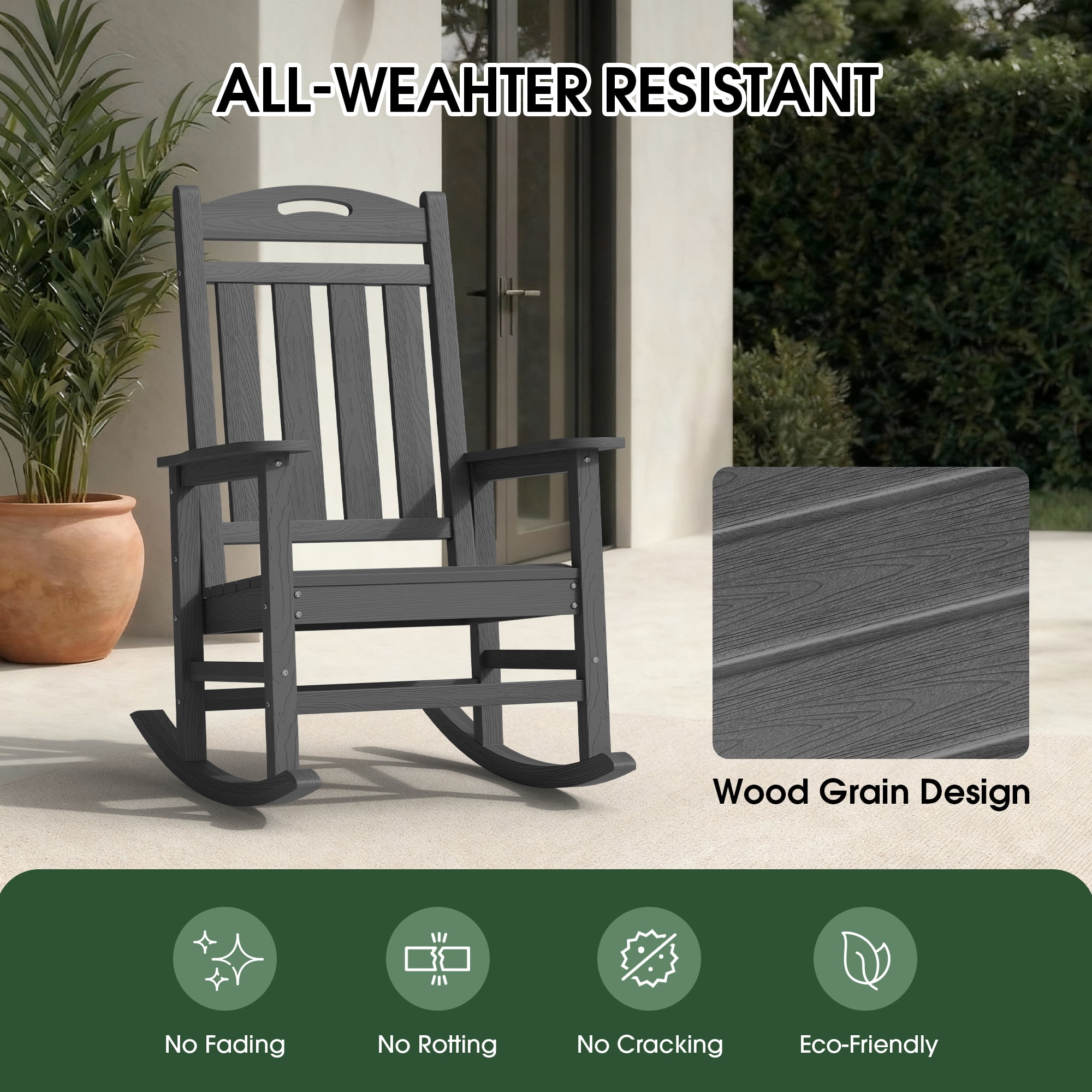 SUUNYN Oversized HDPE Outdoor Rocking Chair, Weather-Resistant High Back Porch Rocker (Dark Gray, 380 lb Capacity) rwdmc