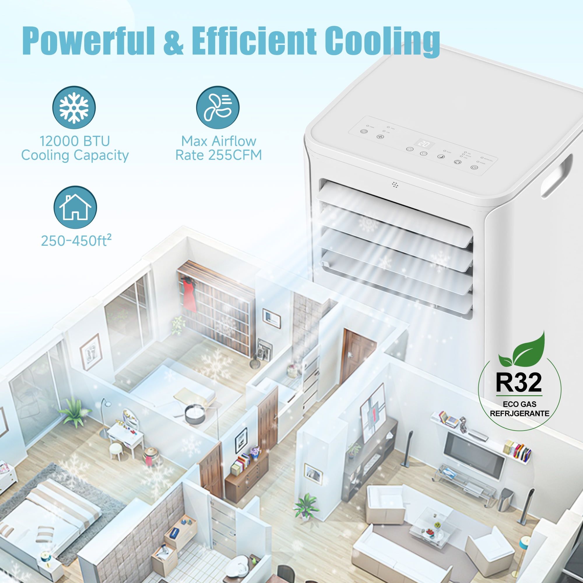 Tolsprint 12000 BTU Portable Air Conditioner 4-in-1 Cooling Unit with Remote Control and LED Display (450 sq. ft. Coverage) cwjs9