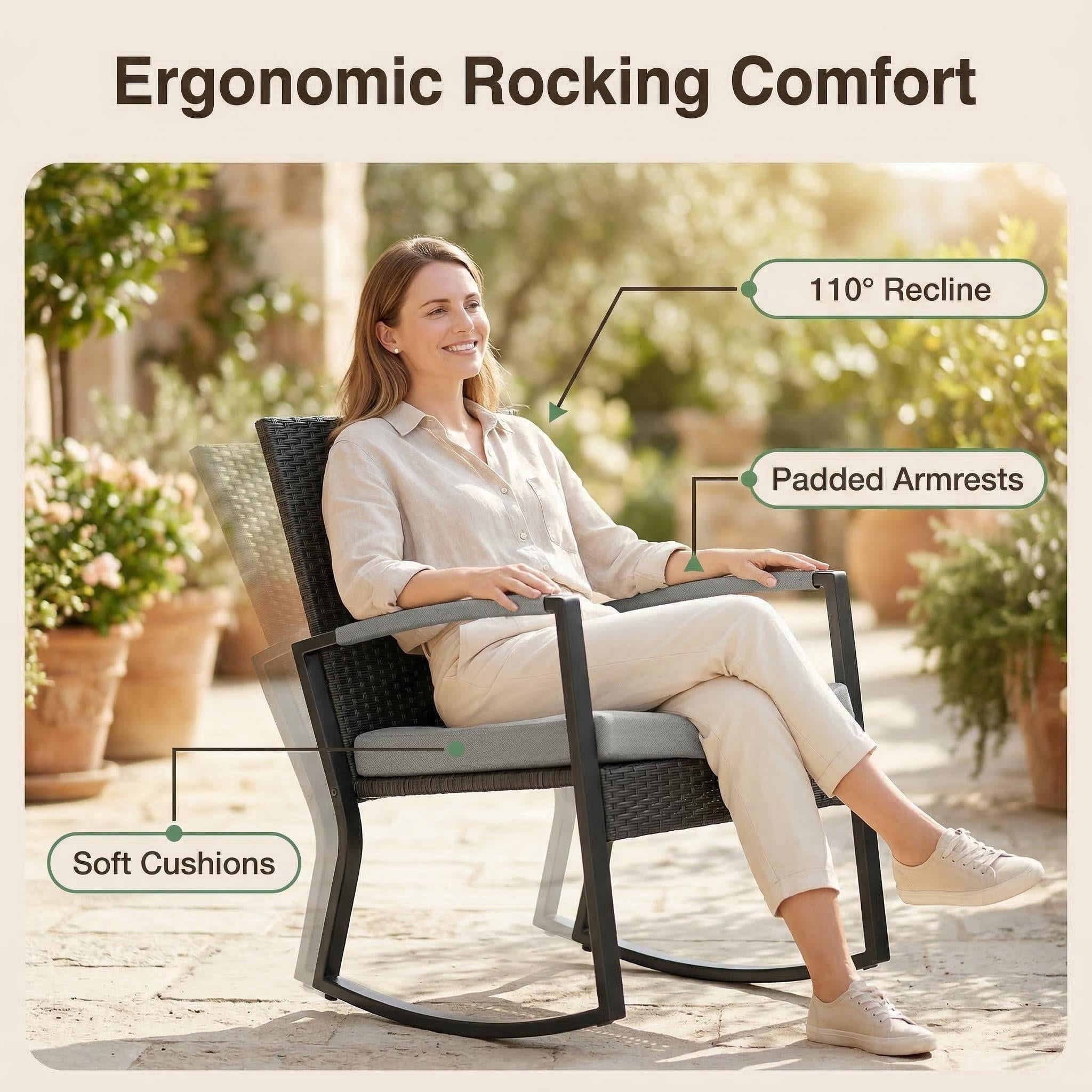 Lofka 8-Piece Outdoor Patio Furniture Set, All-Weather Wicker Rocking Chairs with Glass Coffee Tables (Gray, 8-Piece Set) sqtb1