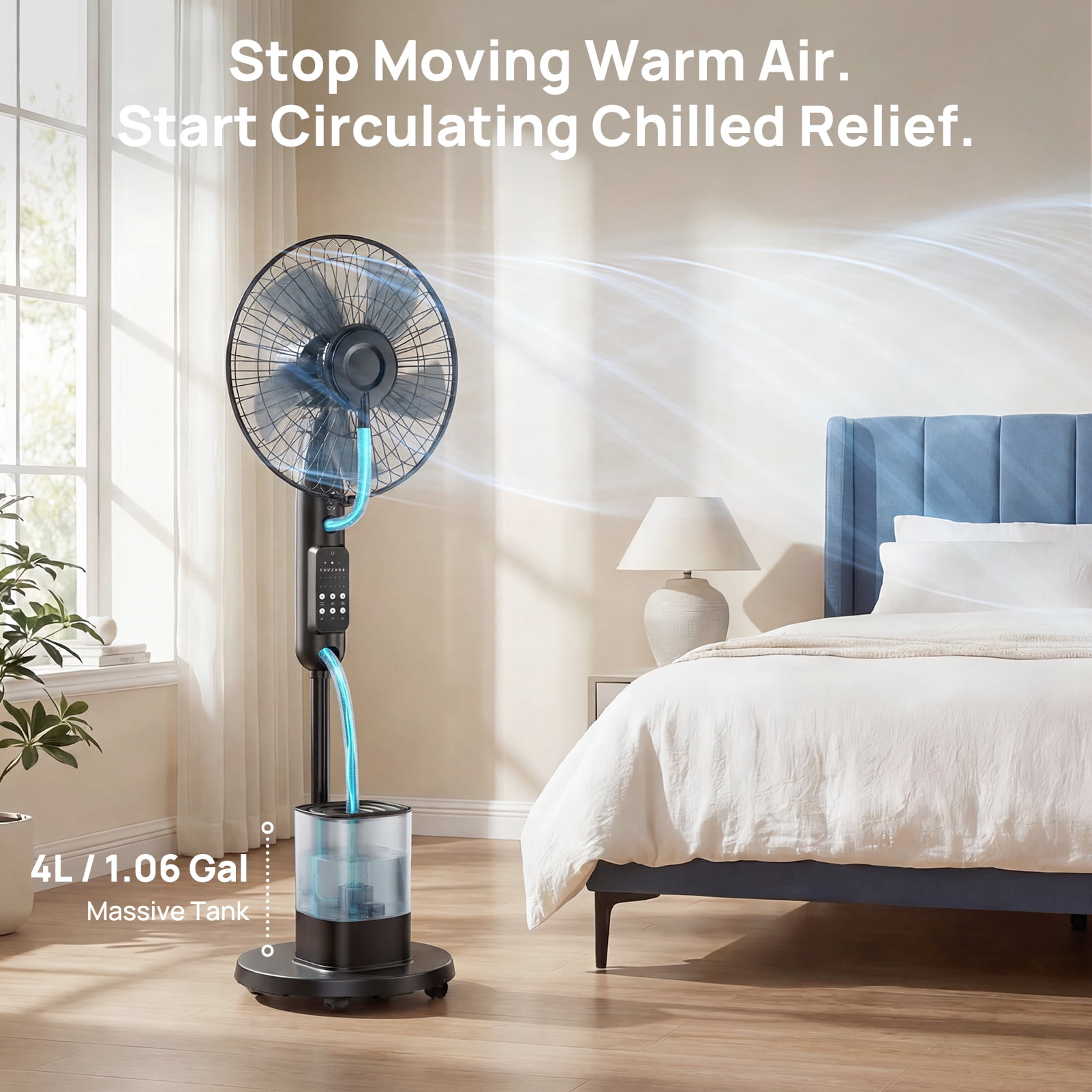 COWIN Pedestal Misting Fan, Oscillating Cooling Floor Fan with Remote, 5 Speeds & 3 Modes (Black, 1.06 gal) ixwi9