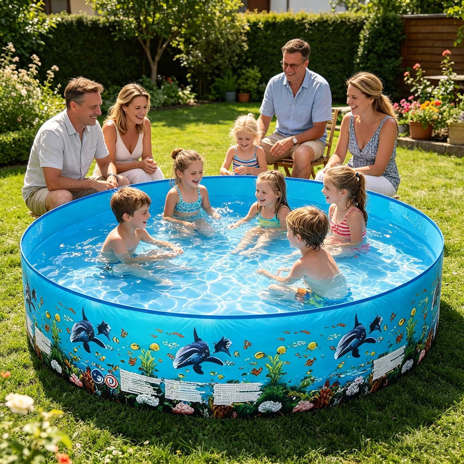 Lypsnake Inflatable Swimming Pool, Round Backyard Water Basin with Dolphin Pattern (Blue, 8 ft) usmgz