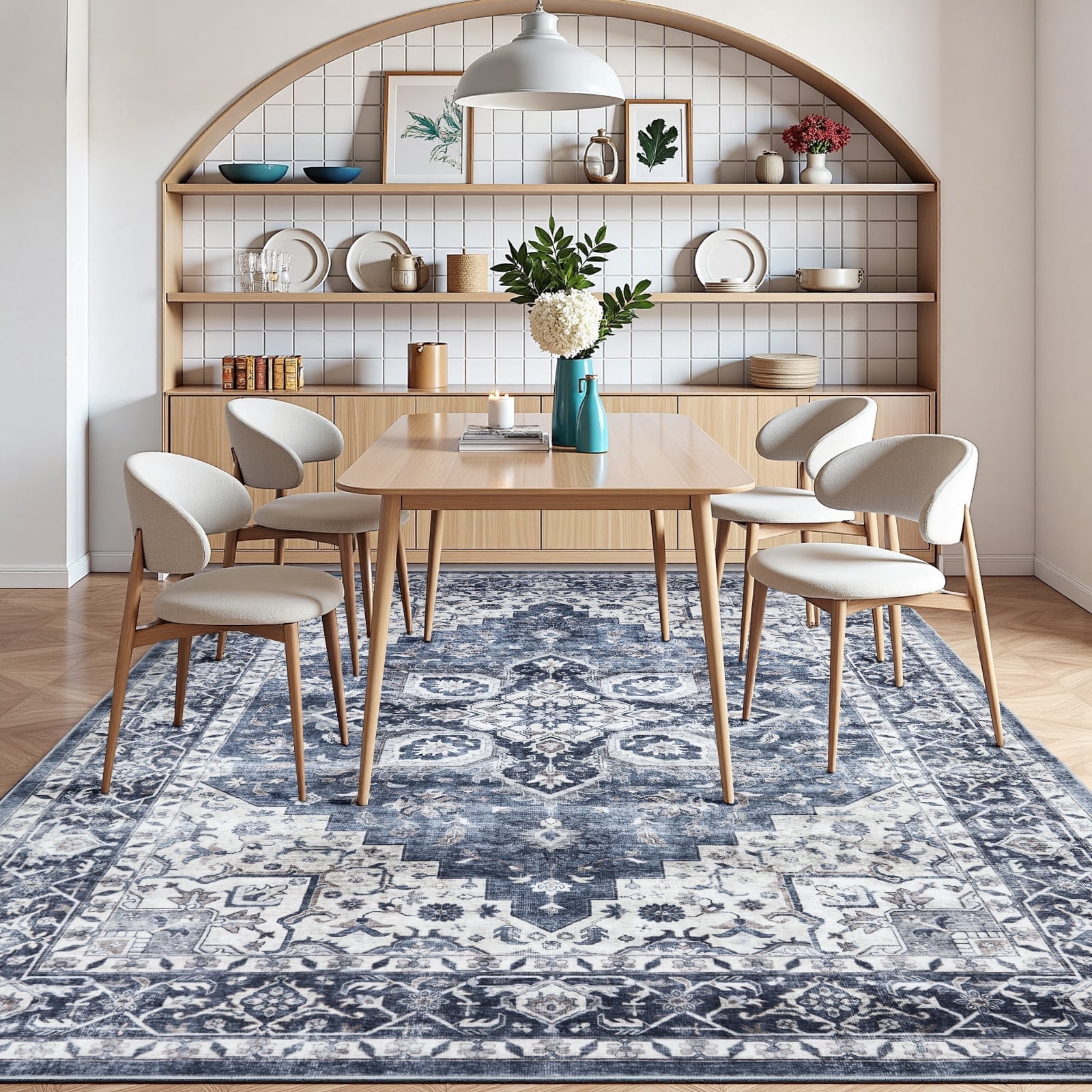 CHITOOMA Vintage Area Rug for Living Room, Machine Washable Non-Slip Carpet (Blue, 8 ft x 10 ft) 2td38