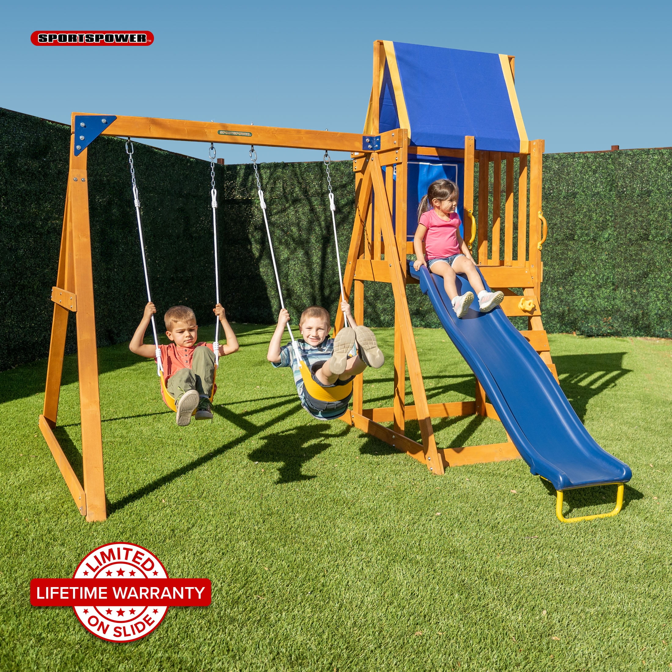 Sportspower North Peak Wooden Swing Set with Slide, Play Fort, Rock Climber & Sandbox (Yellow, 1 Set) 6q85e
