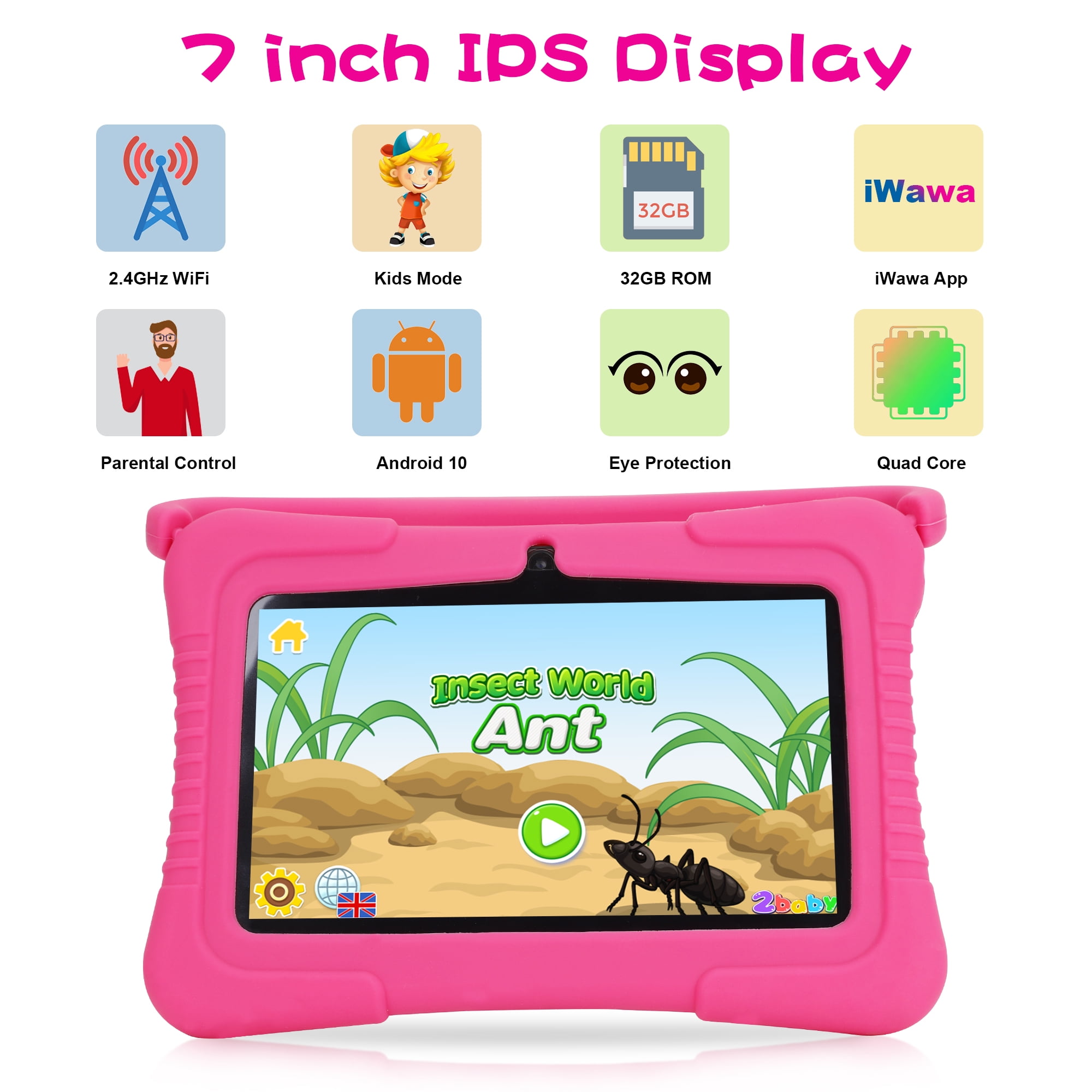 Veidoo Kids Tablet 32GB WiFi Android Learning Device with Silicone Case and Parental Controls (Pink, 7 in) 91xu6
