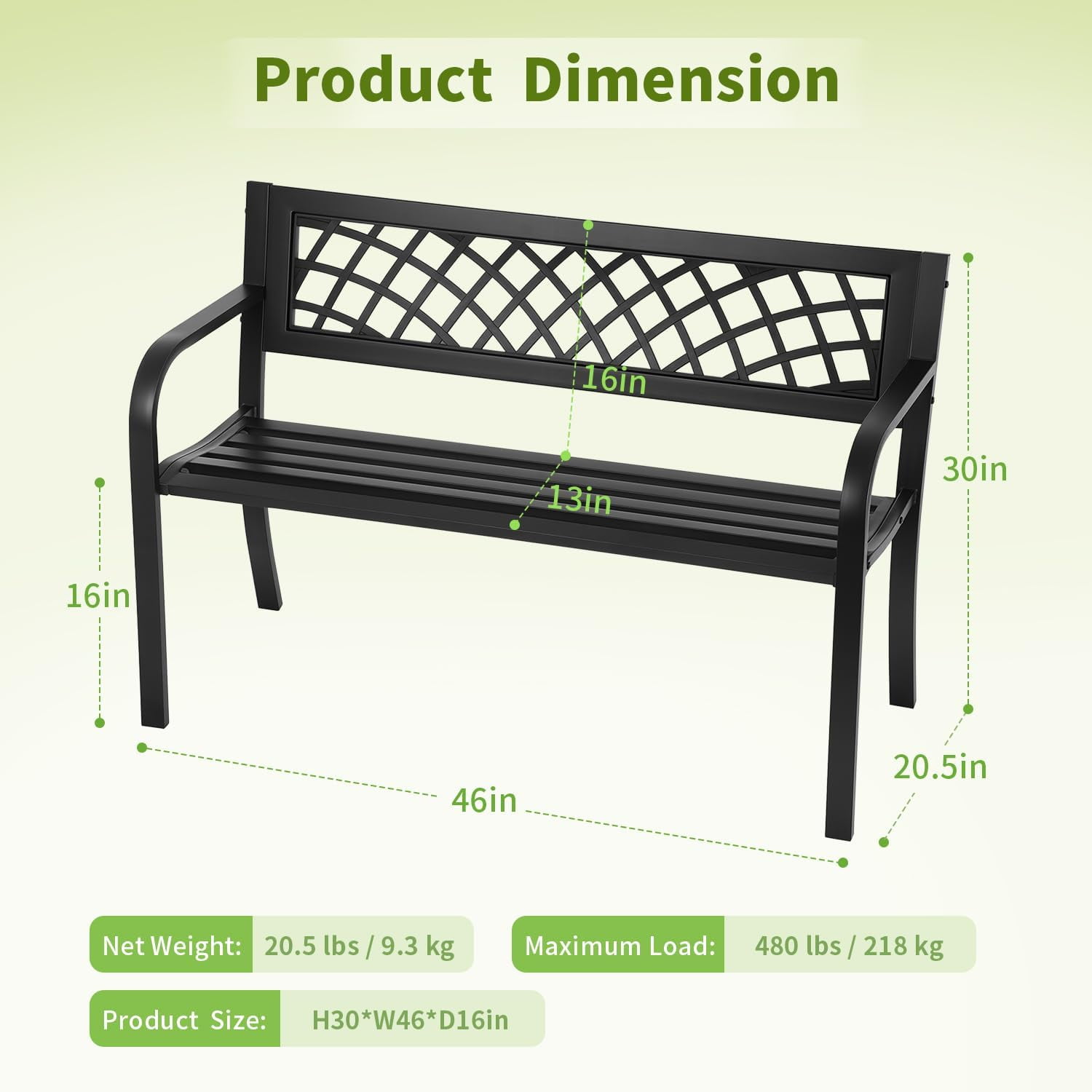 Dkeli Outdoor Garden Bench with Armrests, Rust-Resistant Steel Patio Park Seat (Black, 45.5 in L x 21.7 in D x 30 in H) 7r3qn