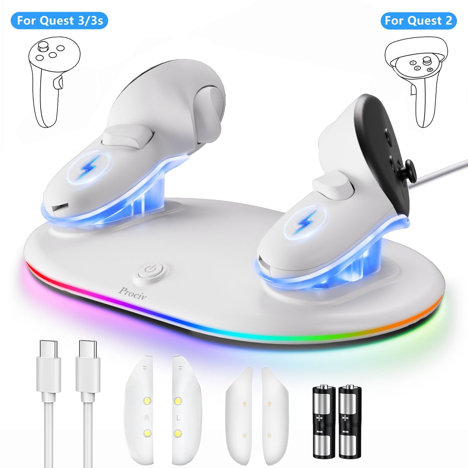 Prociv Magnetic Wireless Charging Dock for Meta Quest 3S/3/2 Controllers (White, 2 Rechargeable Batteries) rb2rr