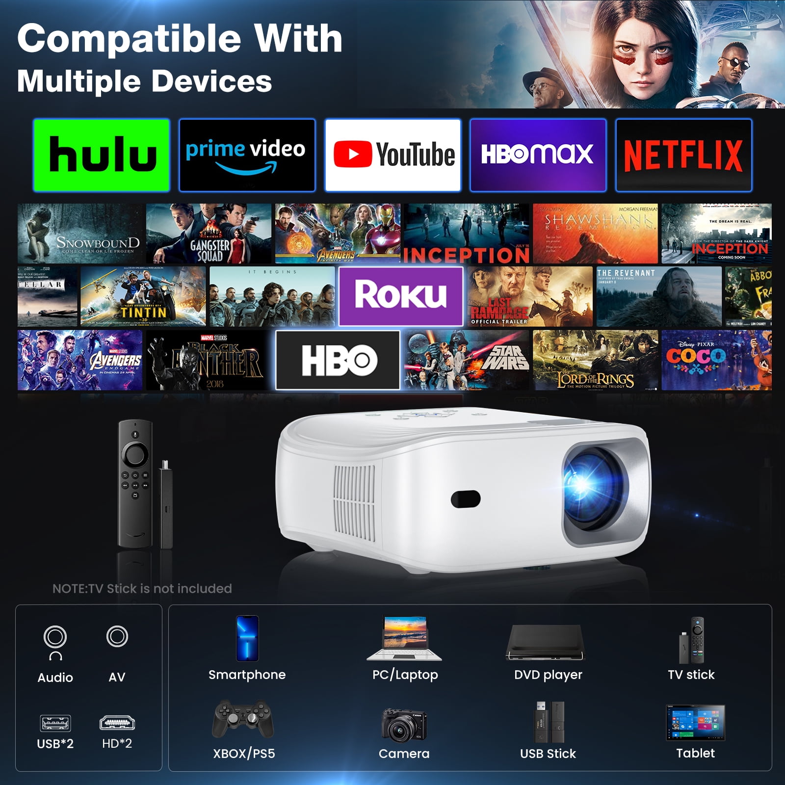 AUOSHI Native 1080P Portable Projector with WiFi and Bluetooth (White, 200 in) pdyl3
