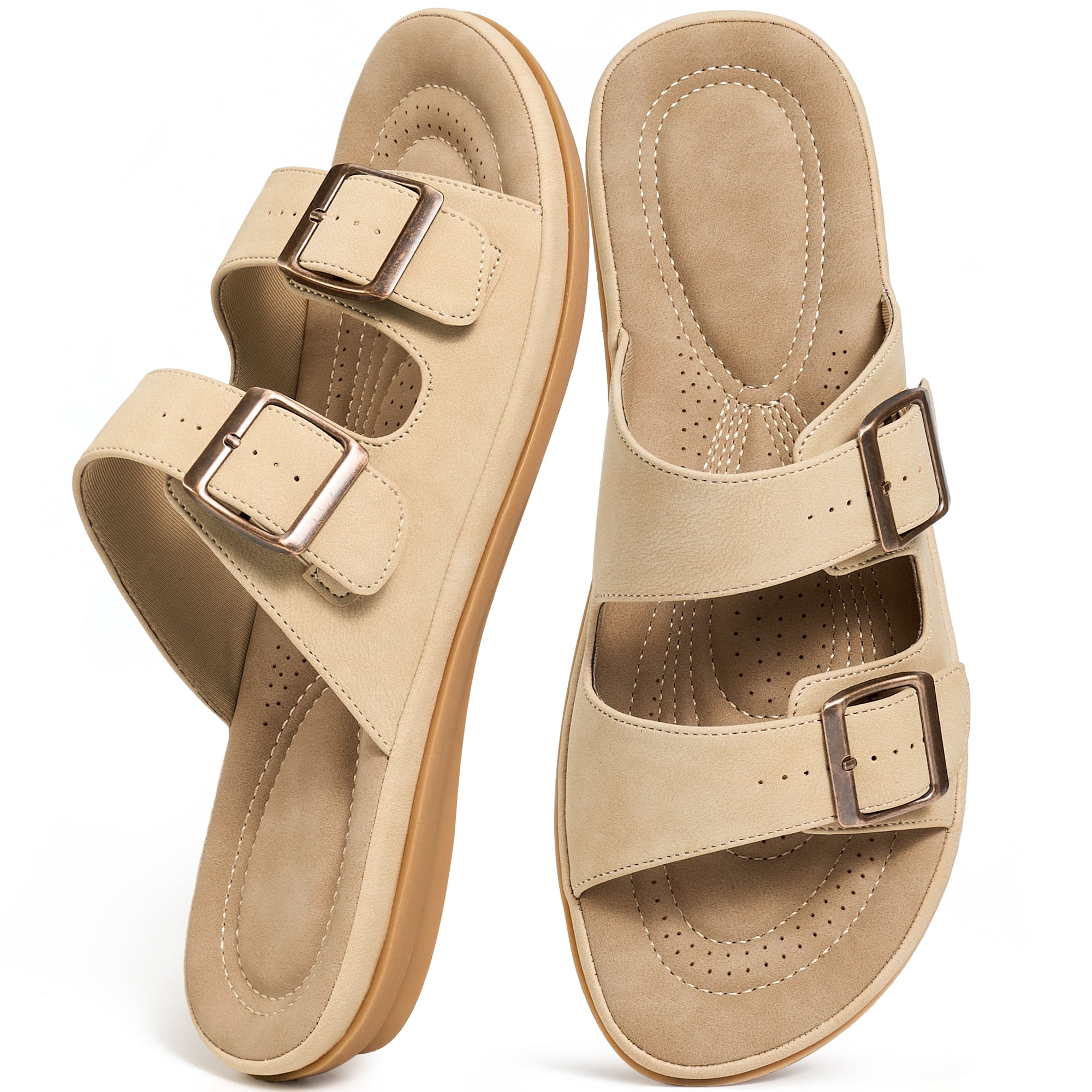 Ecetana Womens Flat Sandals Double Buckle Slip-On Slides Comfortable Walking Shoes (Black, 8 US) 2eazb