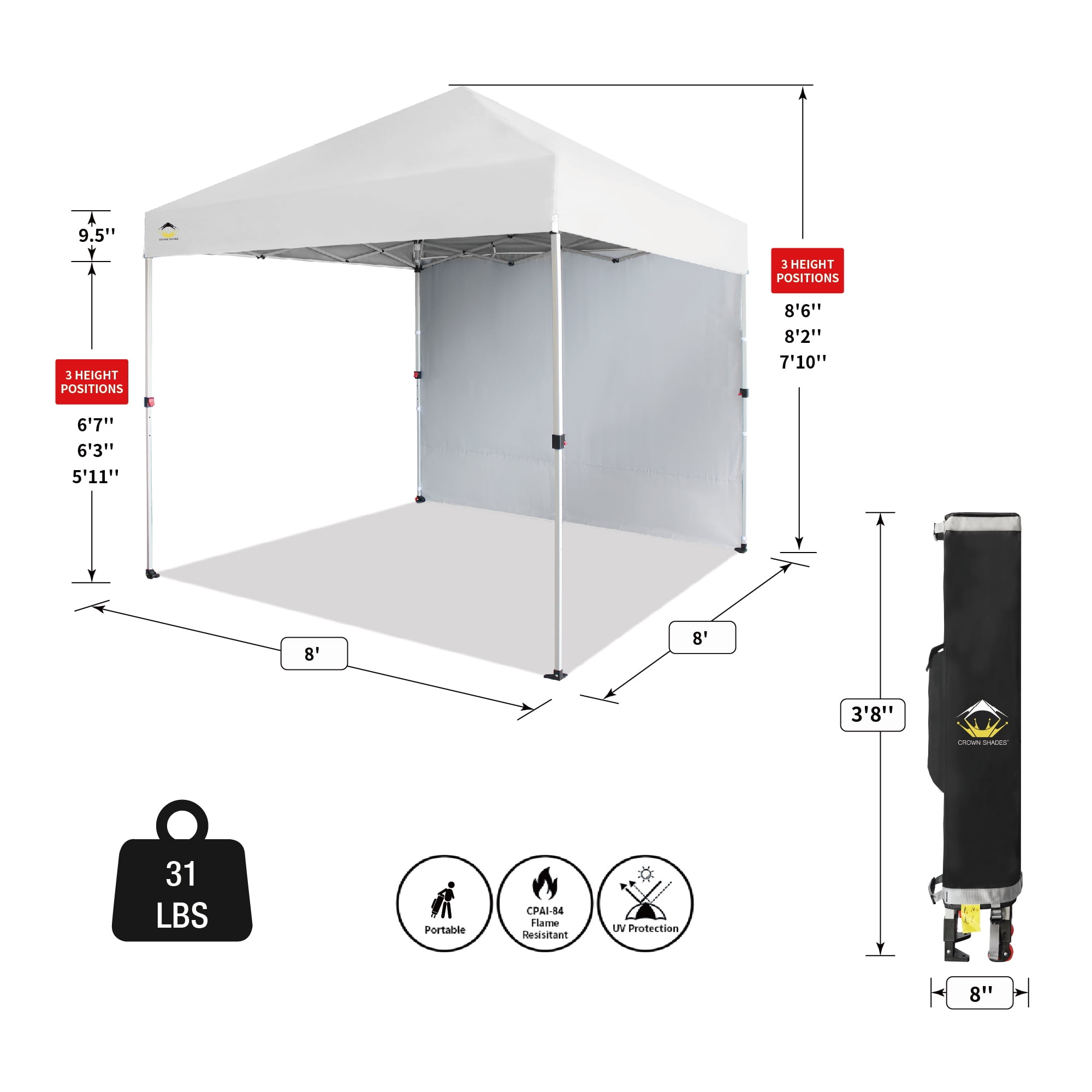 Crown Shades 8x8 Pop Up Canopy Tent with Side Wall, Instant Setup Outdoor Sun Shade (White, 8 ft x 8 ft) bo6ej