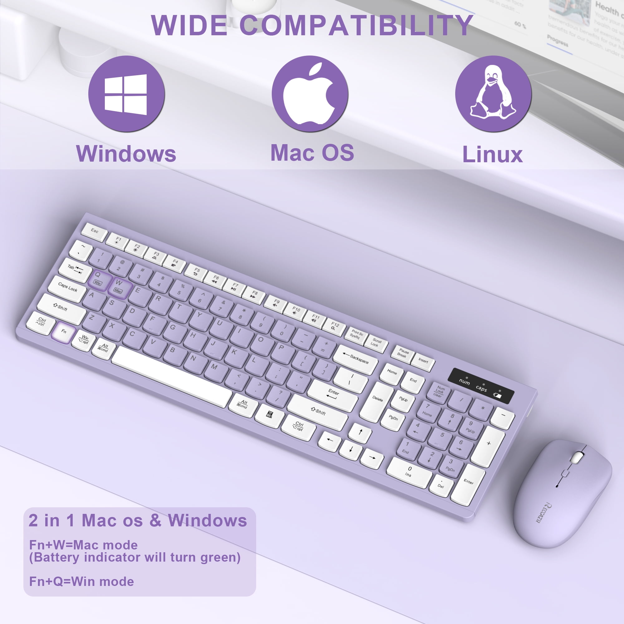 RECCAZR Wireless Keyboard and Mouse Combo, Full Size Ergonomic Desktop Set with Multimedia Keys (Purple, 1 Set) m2vha