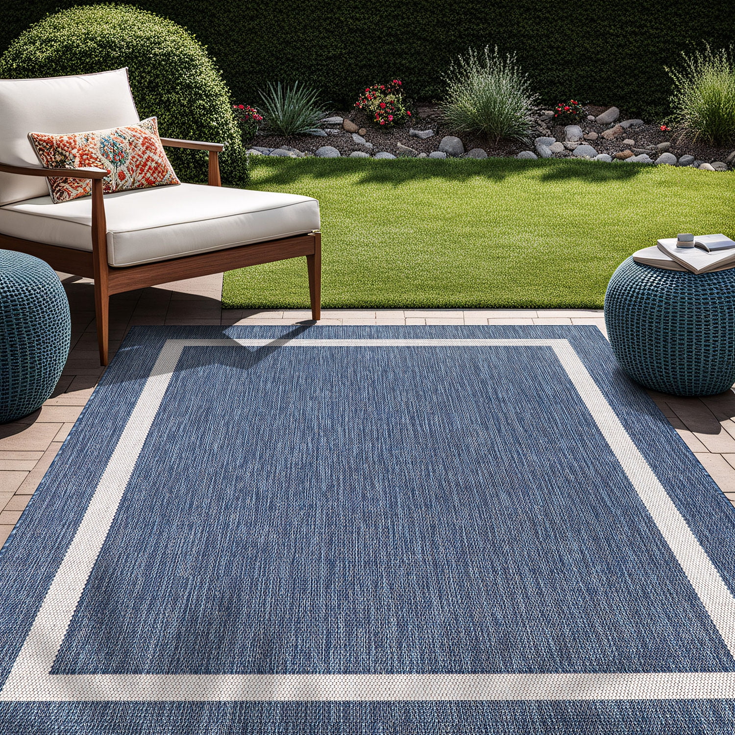 Beverly Rug Indoor/Outdoor Area Rug, Bordered Patio Porch Garden Carpet (Blue and White, 8 ft x 10 ft) 9ji9h