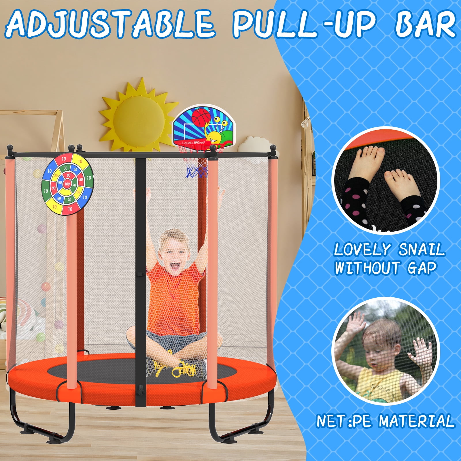 ACWARM HOME 60 in Toddler Trampoline with Safety Net and Basketball Hoop (Orange, 5 ft) p407q