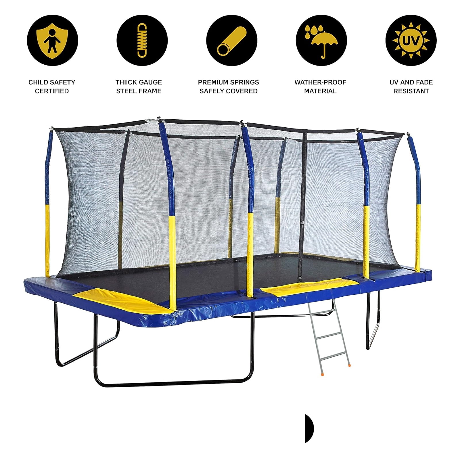 Plexalife Rectangular Trampoline Set with Safety Enclosure and Ladder (Blue/Yellow, 9 ft x 15 ft) 1gyq4