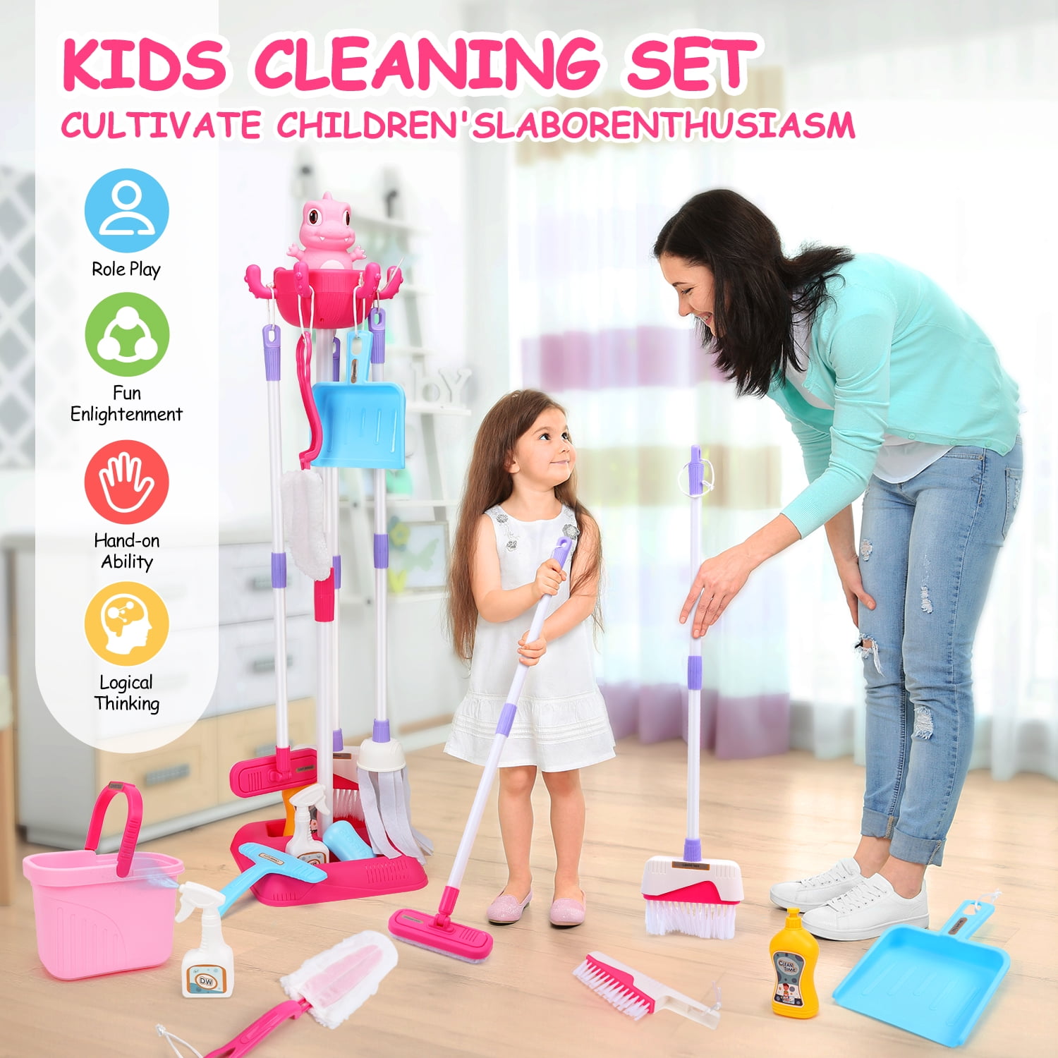 JoyStone 12-Piece Dinosaur Kids Cleaning Set, Pretend Play Housekeeping Kit for Toddlers (Pink, 12-Piece Set) uadep