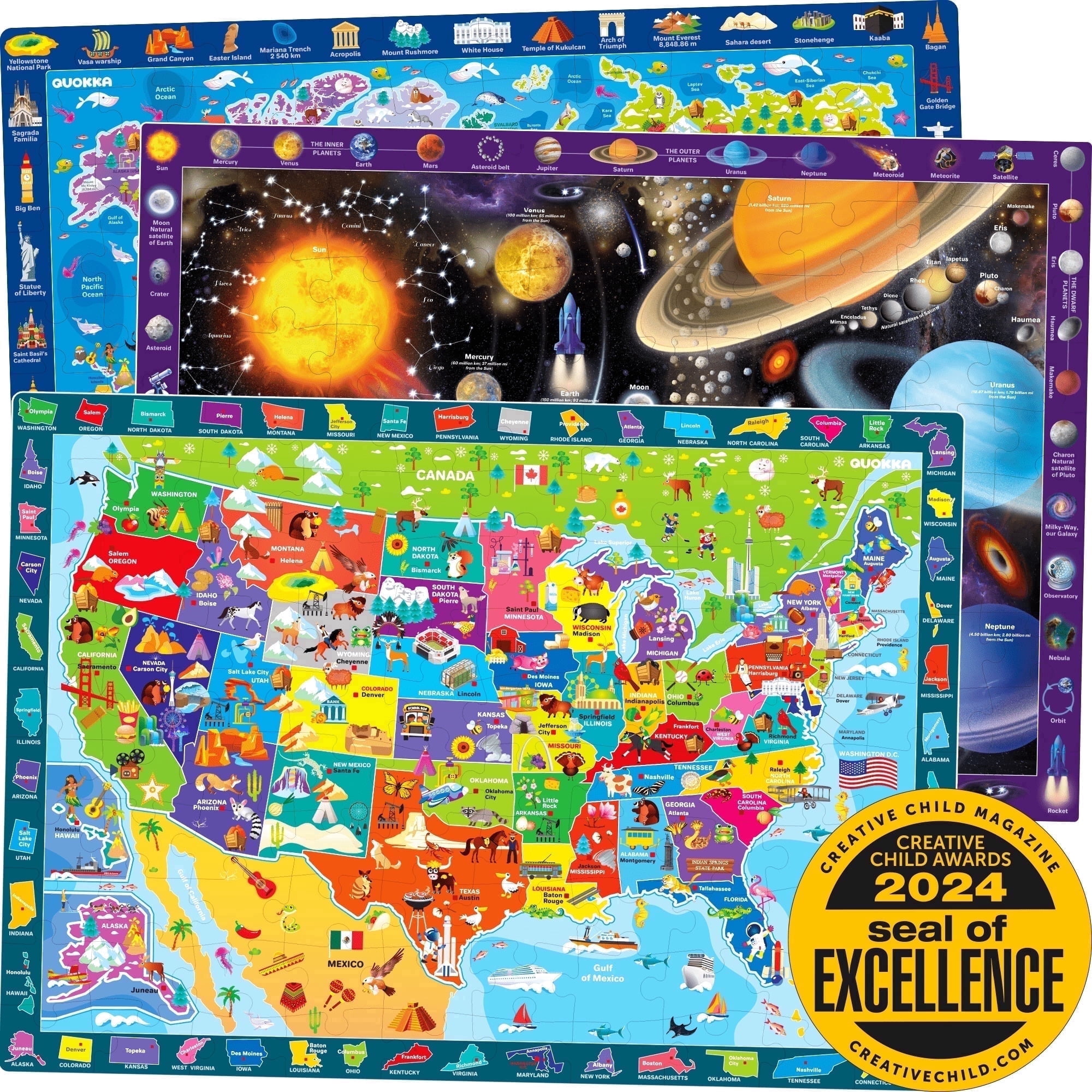 Quokka Educational Floor Puzzle Set for Kids, World Map, Solar System, and USA Map (3 Pack, 100 Pieces) p1sv1