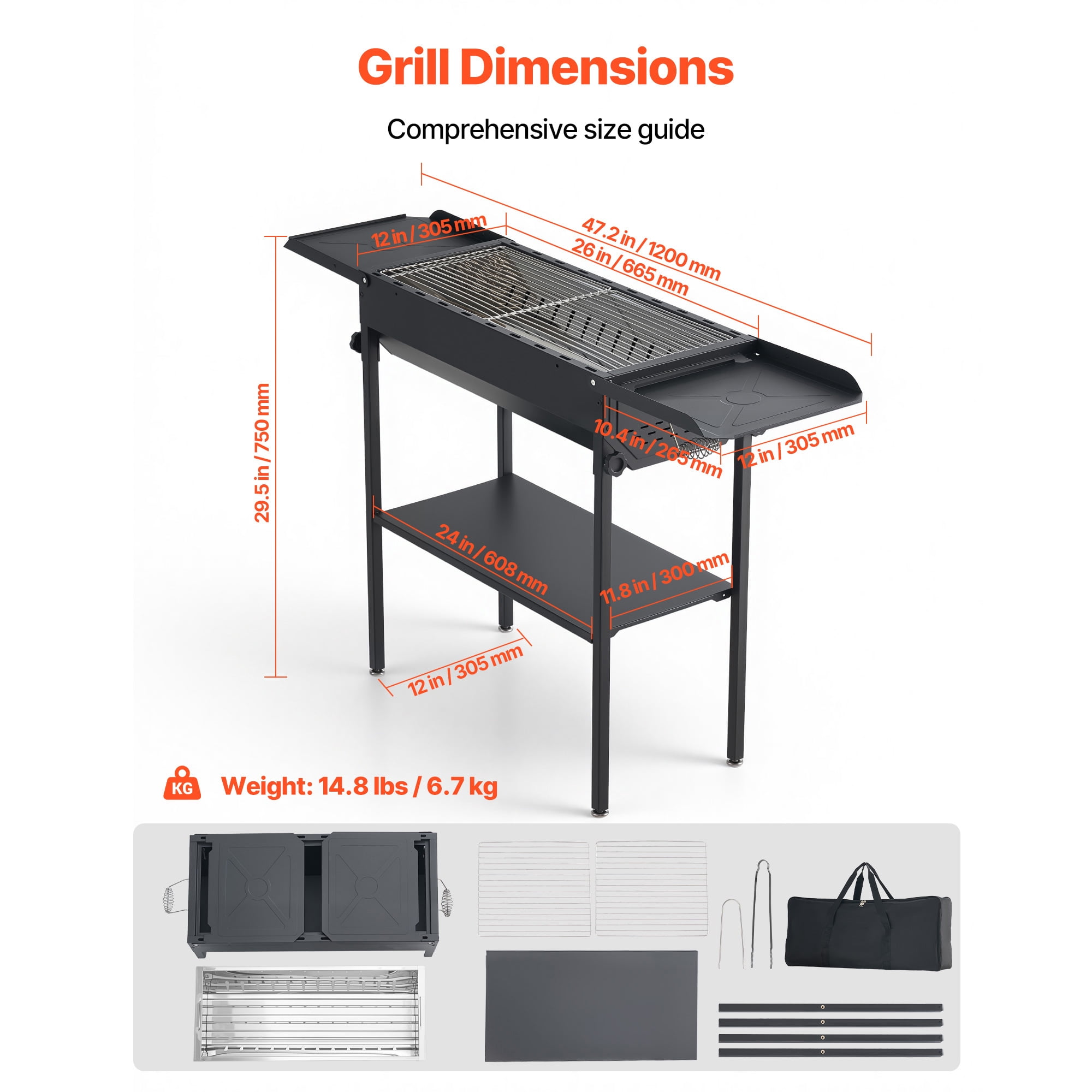 KFFKFF Foldable Charcoal Grill, Portable BBQ Grill with Adjustable Height and Side Tables (Black, 314 sq.in.) 2p0vs