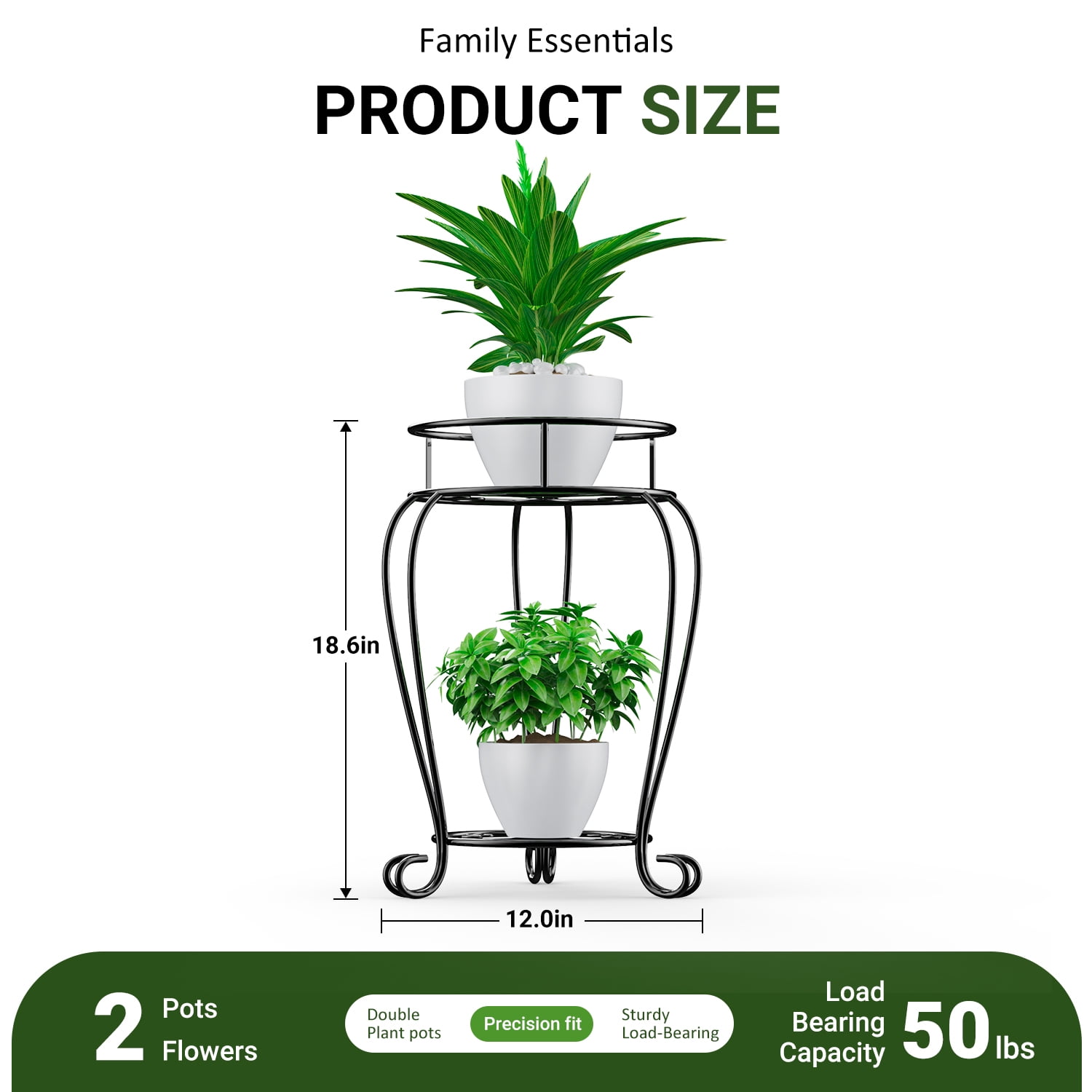 Foukus 2-Tier Metal Plant Stand, Rust-Resistant Indoor and Outdoor Flower Display Rack (Black, 19 in) 67kka