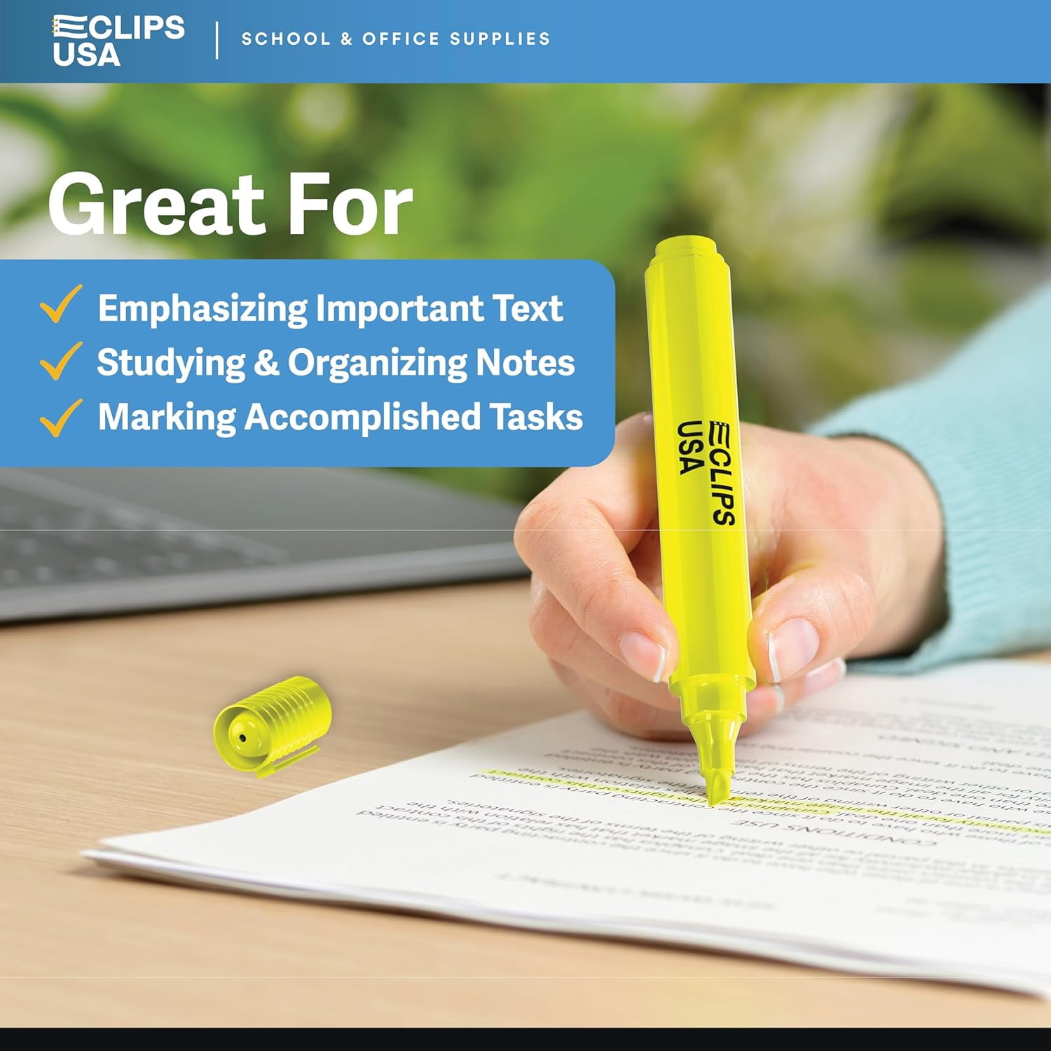 E-Clips USA Chisel Tip Highlighter Pens, Quick-Drying Fluorescent Ink (Yellow, 25-Pack) egi9t