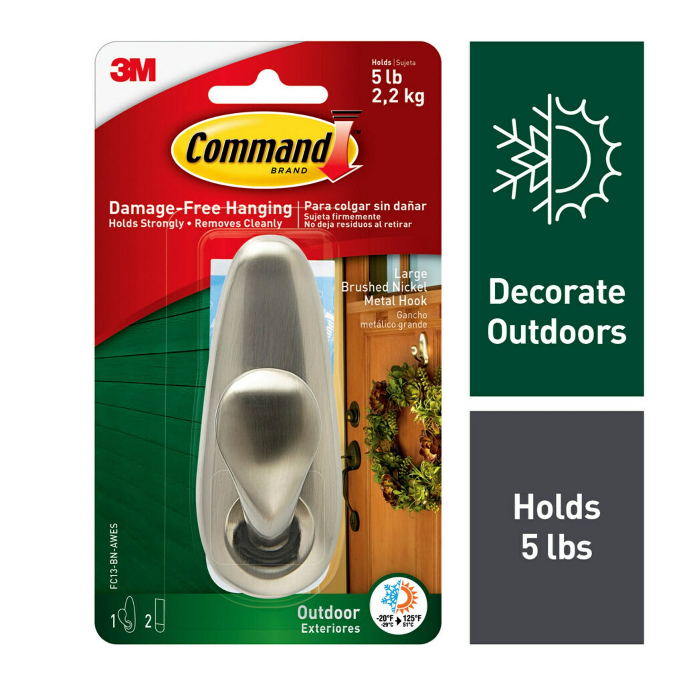 Command Outdoor Large Wall Hook, Damage-Free Adhesive Hanging Hardware (Brushed Nickel, 1 Hook, 2 Strips) s9k4e