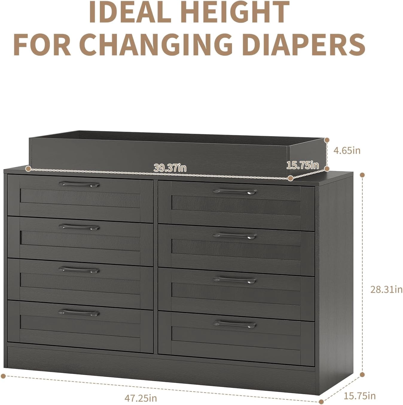 Towallmark Baby Changing Dresser with 8 Drawers, Nursery Storage Organizer with Safety Rail and Open Shelf (Black) 9bsiv