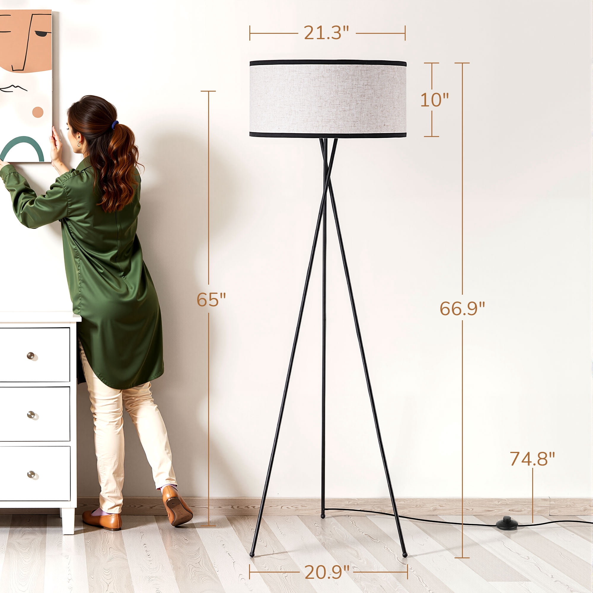 EDISHINE Tripod Floor Lamp with Remote and APP Control, Modern Dimmable LED Standing Lamp with RGB Bulb and Flaxen Linen Shade (Black, 66.9 in) nujo4