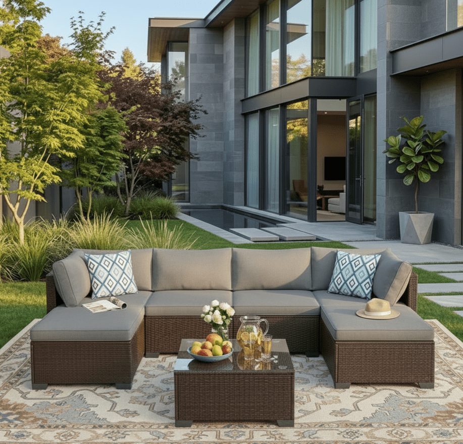 Aiho 7-Piece Patio Furniture Set, PE Rattan Outdoor Sectional Sofa with Cushions and Glass Coffee Table (Gray, 7-Piece) xw0wf